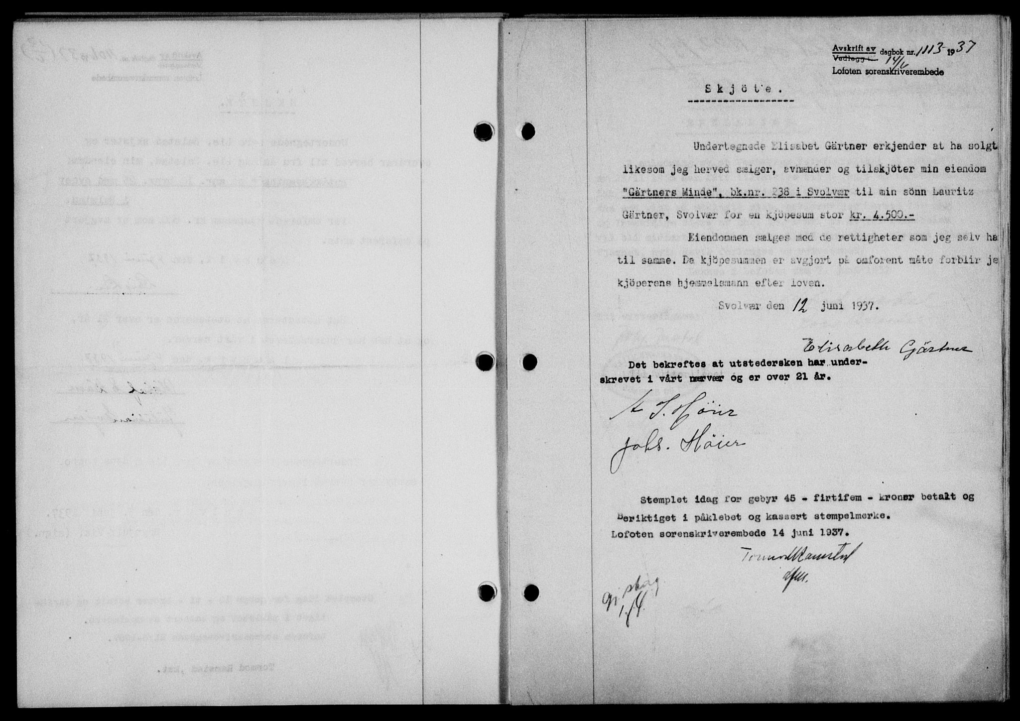 Lofoten sorenskriveri, SAT/A-0017/1/2/2C/L0002a: Mortgage book no. 2a, 1937-1937, Diary no: : 1113/1937