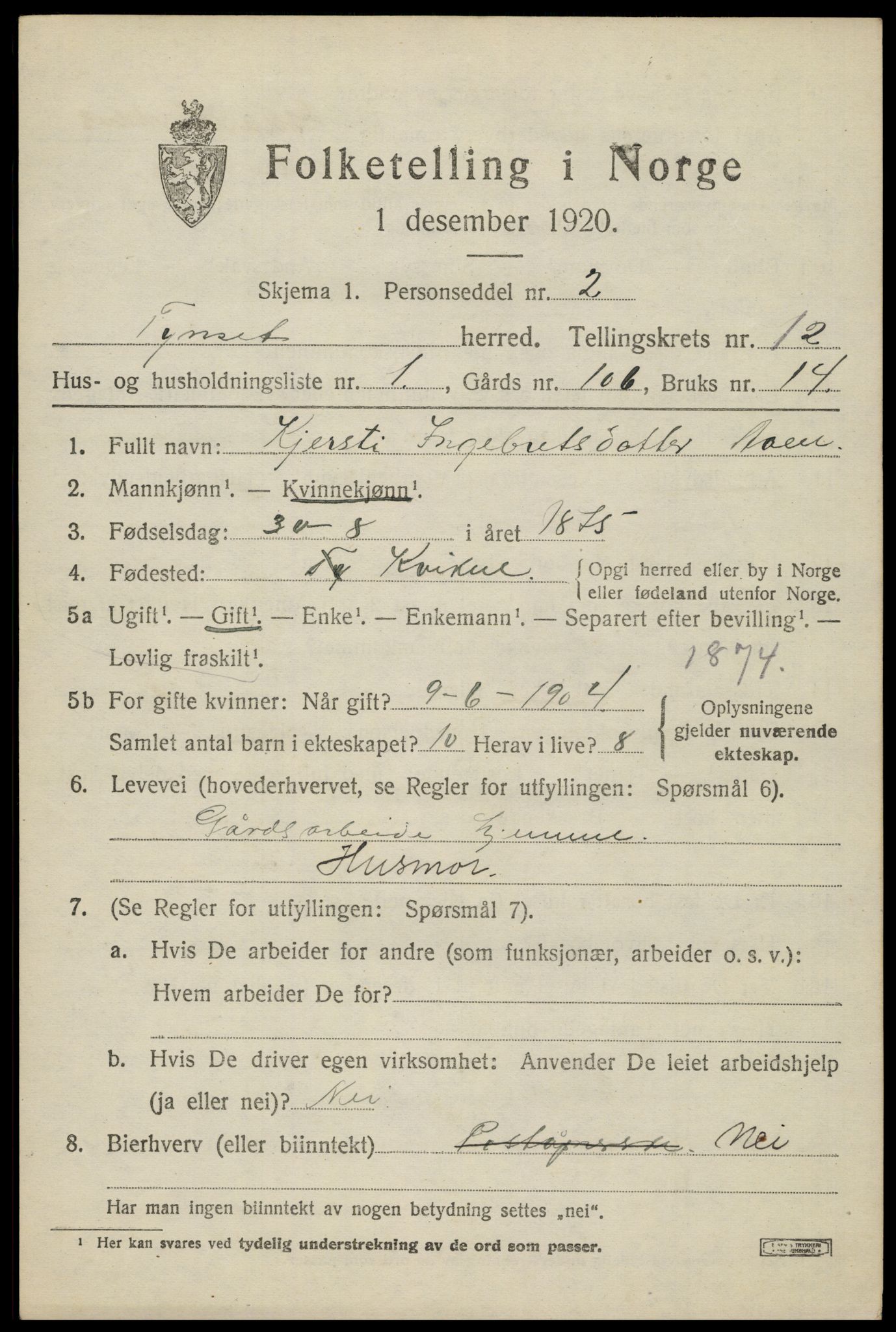 SAH, 1920 census for Tynset, 1920, p. 8306