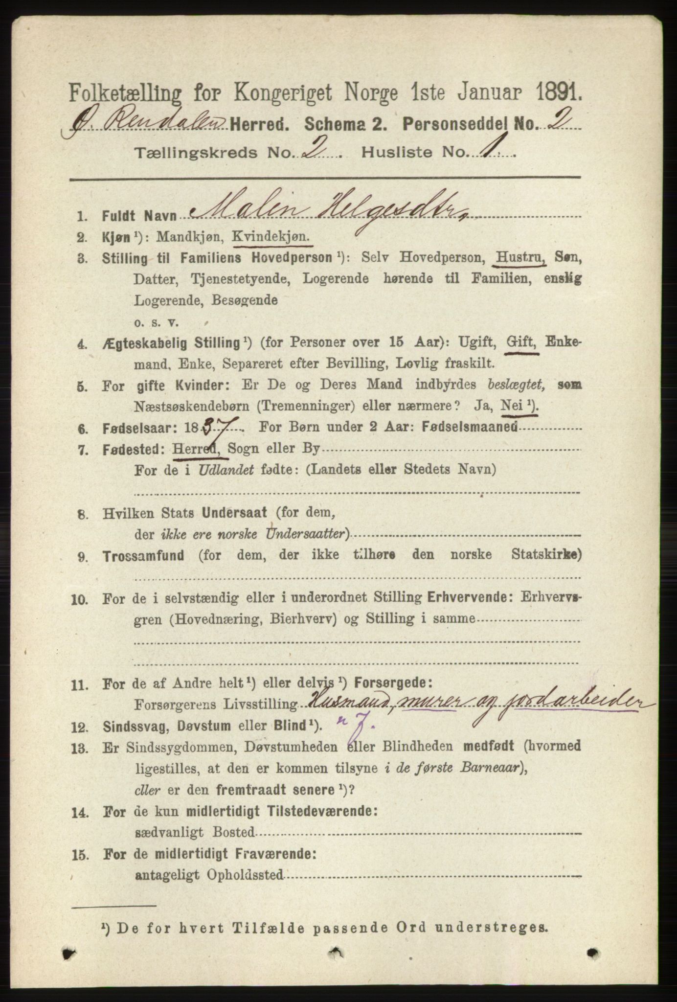 RA, 1891 census for 0433 Øvre Rendal, 1891, p. 404