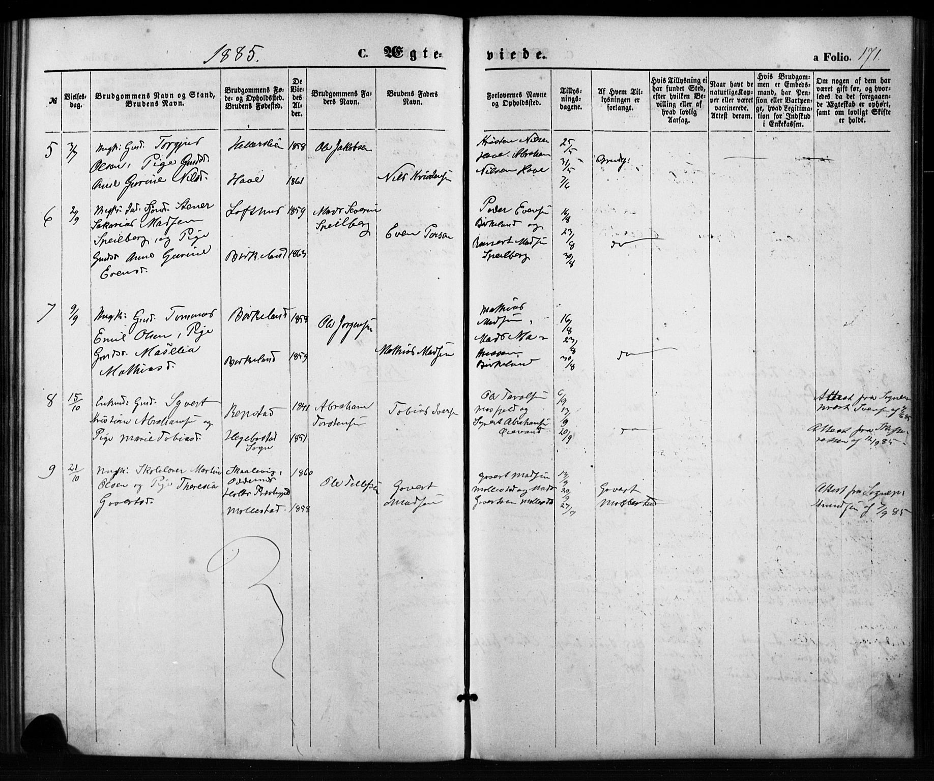 Birkenes sokneprestkontor, SAK/1111-0004/F/Fb/L0003: Parish register (copy) no. B 3, 1876-1892, p. 171