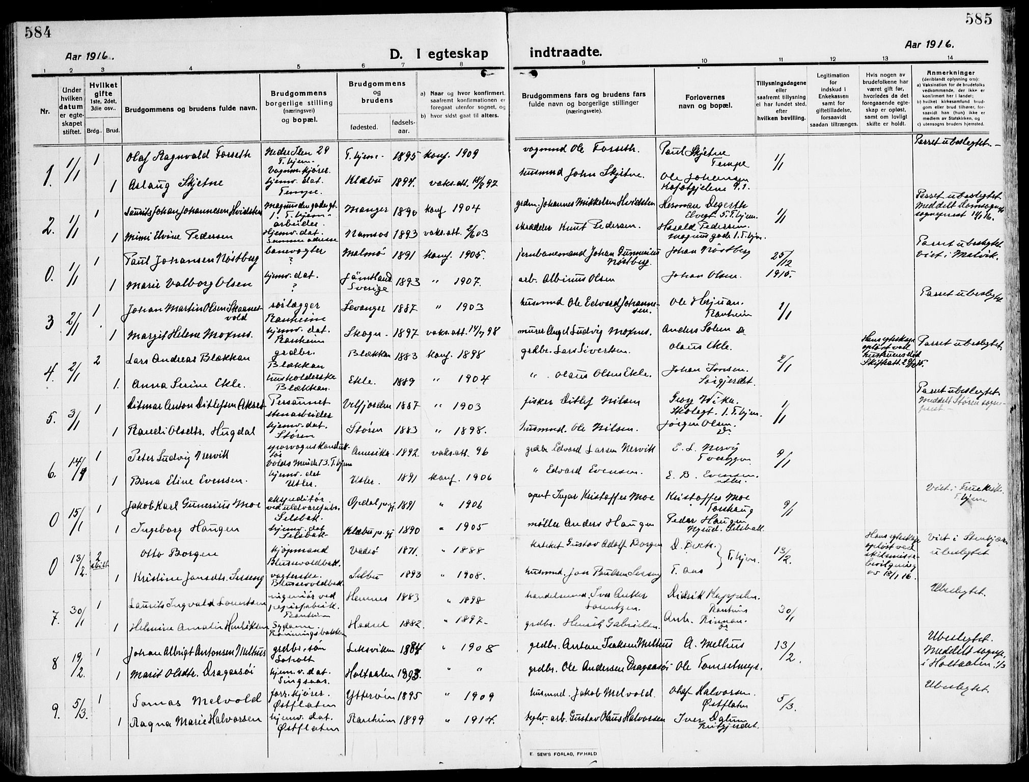 Ministerialprotokoller, klokkerbøker og fødselsregistre - Sør-Trøndelag, SAT/A-1456/607/L0321: Parish register (official) no. 607A05, 1916-1935, p. 584-585