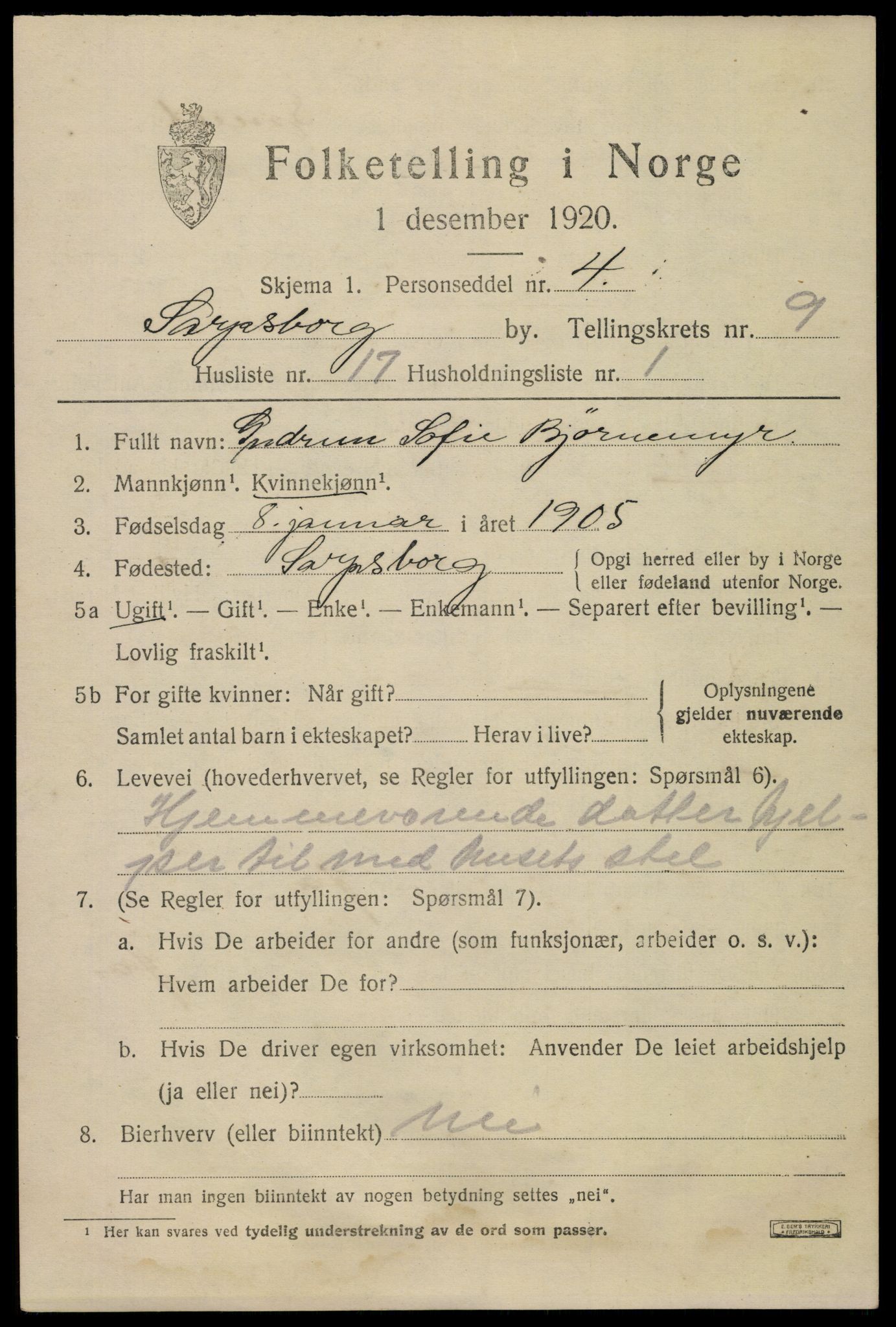 SAO, 1920 census for Sarpsborg, 1920, p. 19310