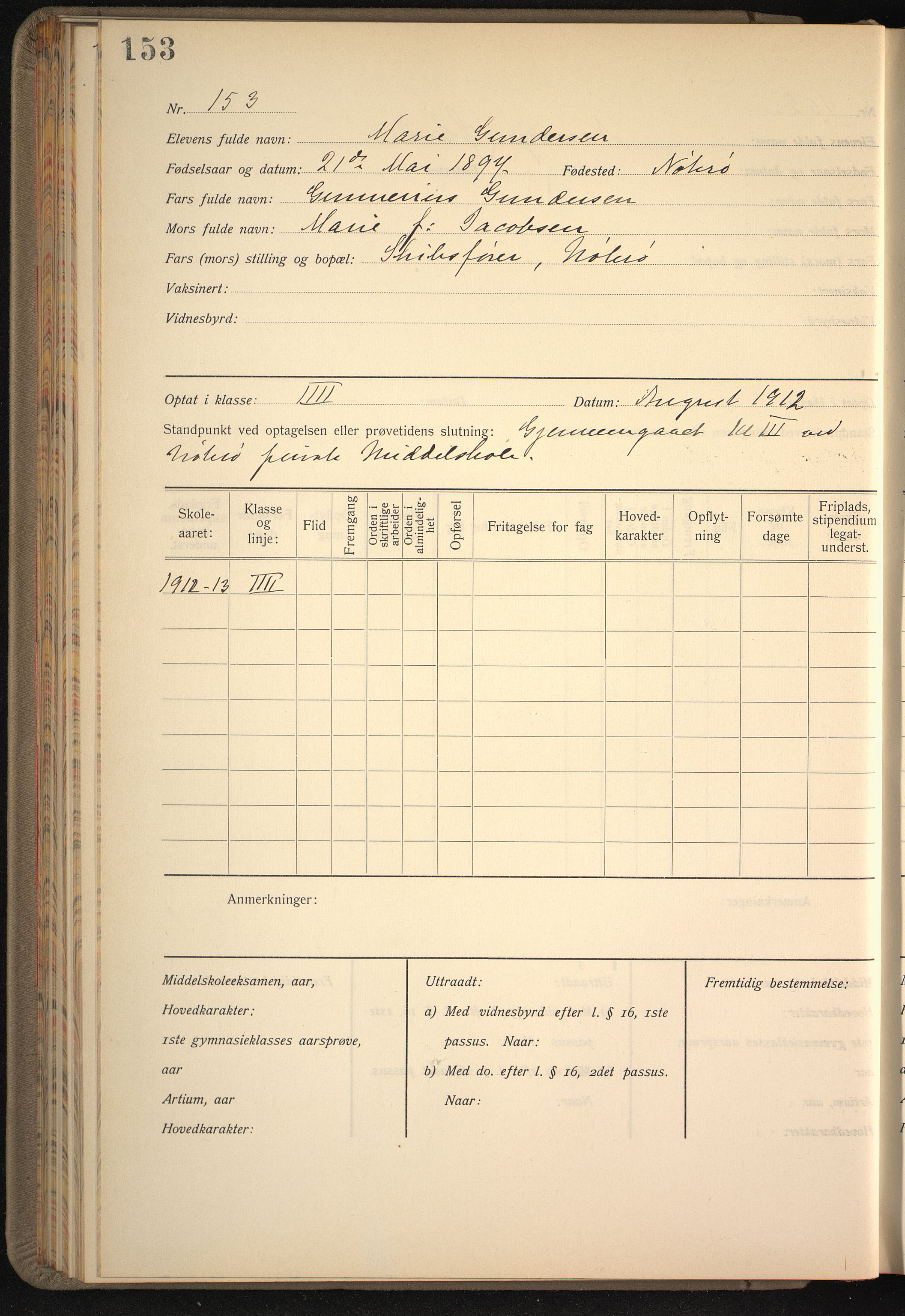 Vestfold fylkeskommune. Greveskogen videregående skole før 1998, VEMU/A-1162/G/Gb/L0003: Manntallsprotokoll Pikeskolen, 1909-1911, p. 154