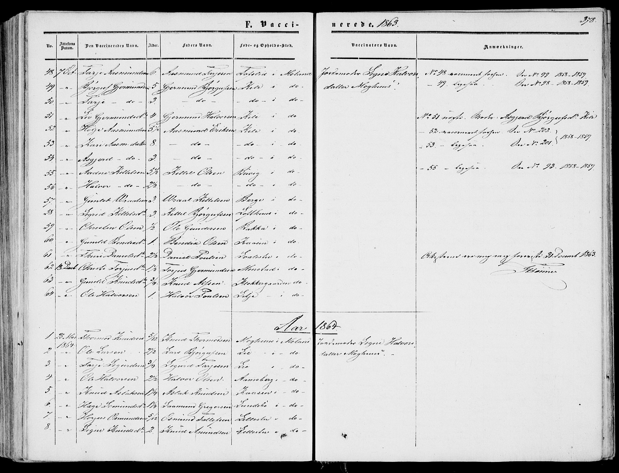 Fyresdal kirkebøker, SAKO/A-263/F/Fa/L0005: Parish register (official) no. I 5, 1855-1871, p. 378