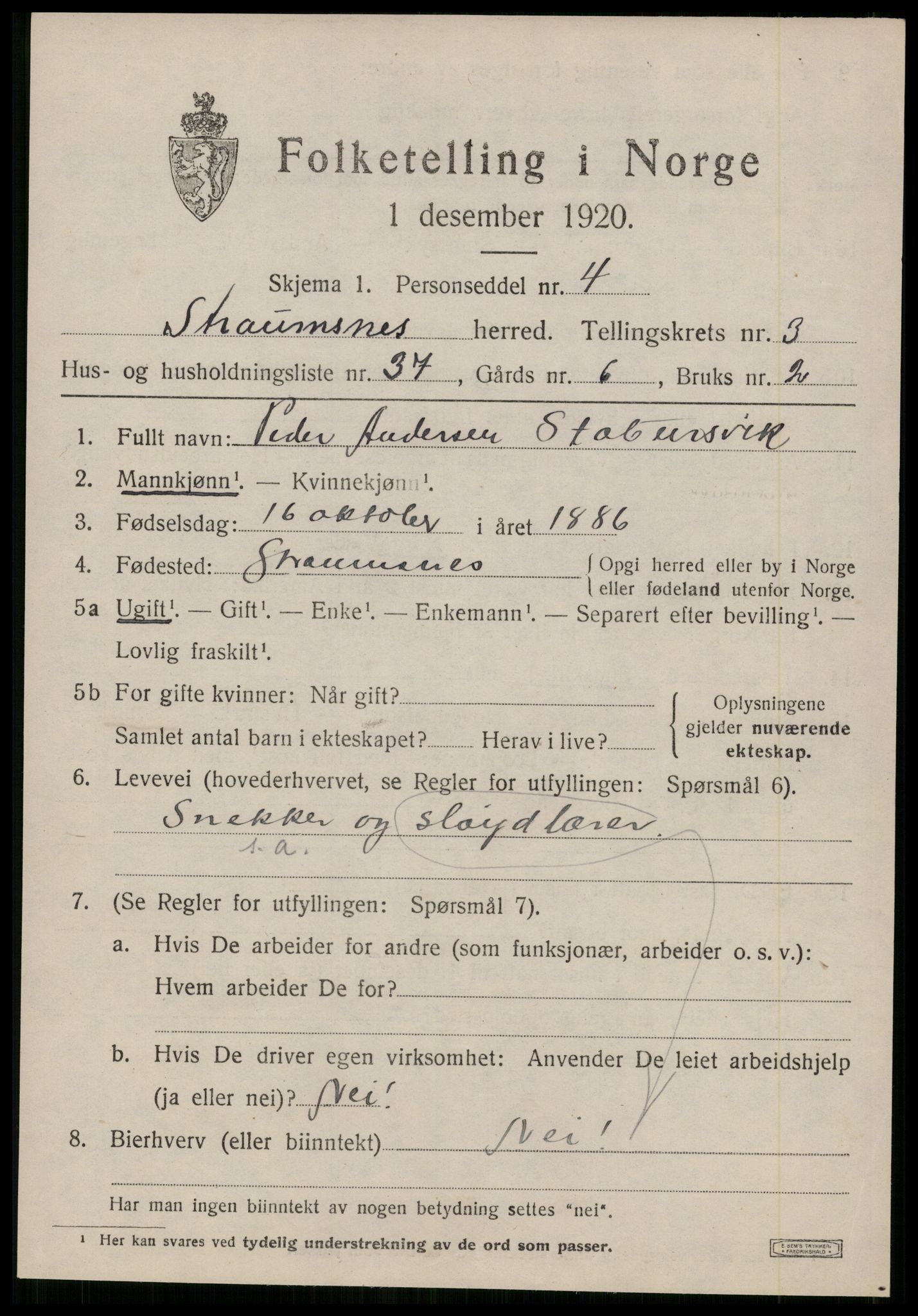 SAT, 1920 census for Straumsnes, 1920, p. 1533