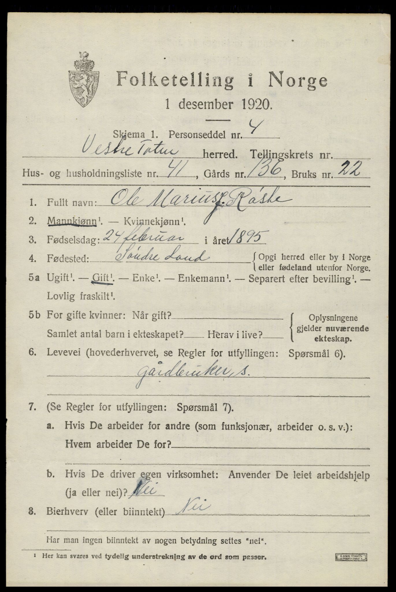 SAH, 1920 census for Vestre Toten, 1920, p. 9678