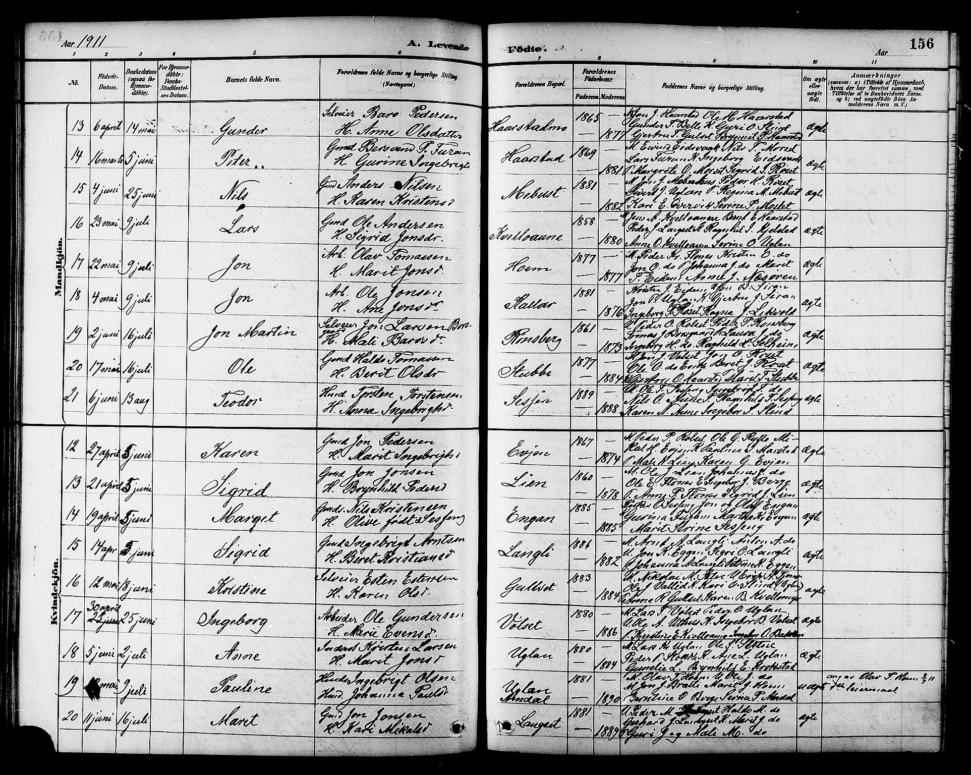Ministerialprotokoller, klokkerbøker og fødselsregistre - Sør-Trøndelag, SAT/A-1456/695/L1157: Parish register (copy) no. 695C08, 1889-1913, p. 156