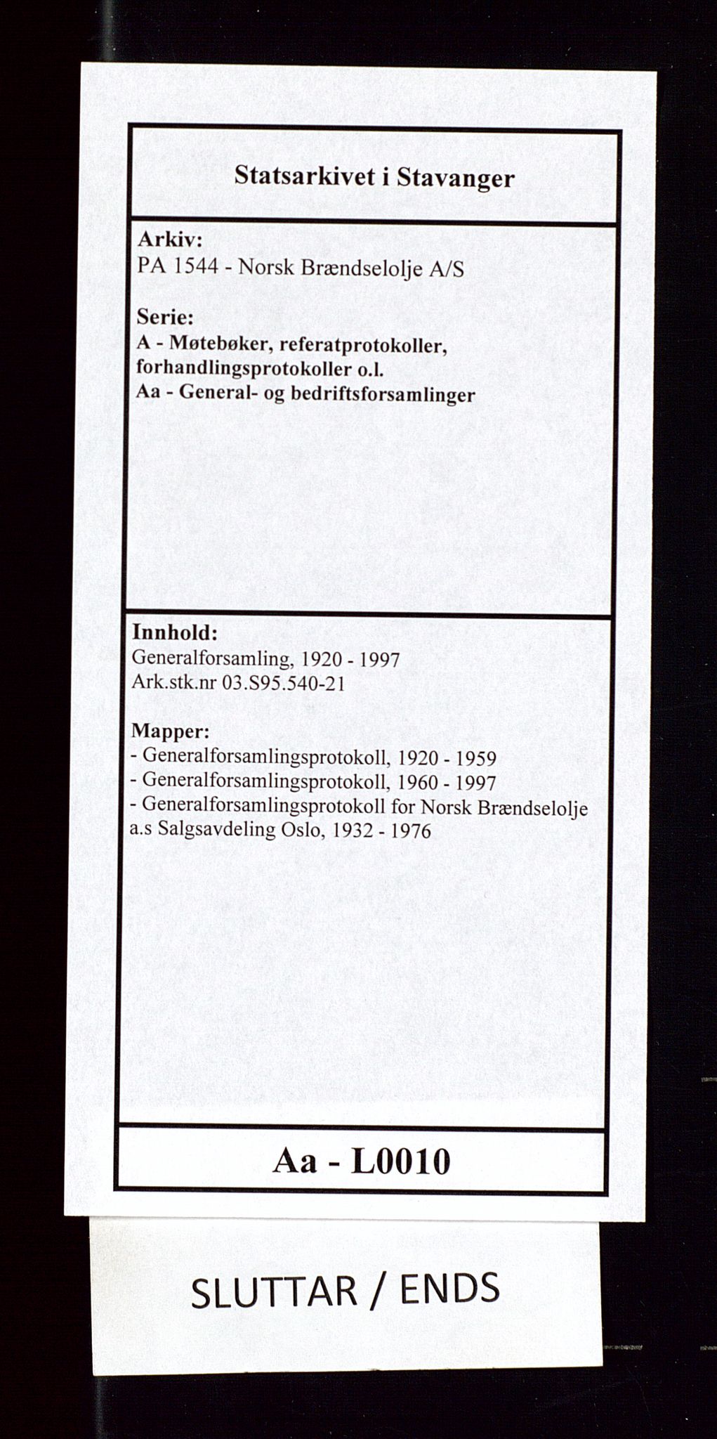 PA 1544 - Norsk Brændselolje A/S, SAST/A-101965/1/A/Aa/L0010/0001: Generalforsamling / Generalforsamlingsprotokoll, 1920-1959