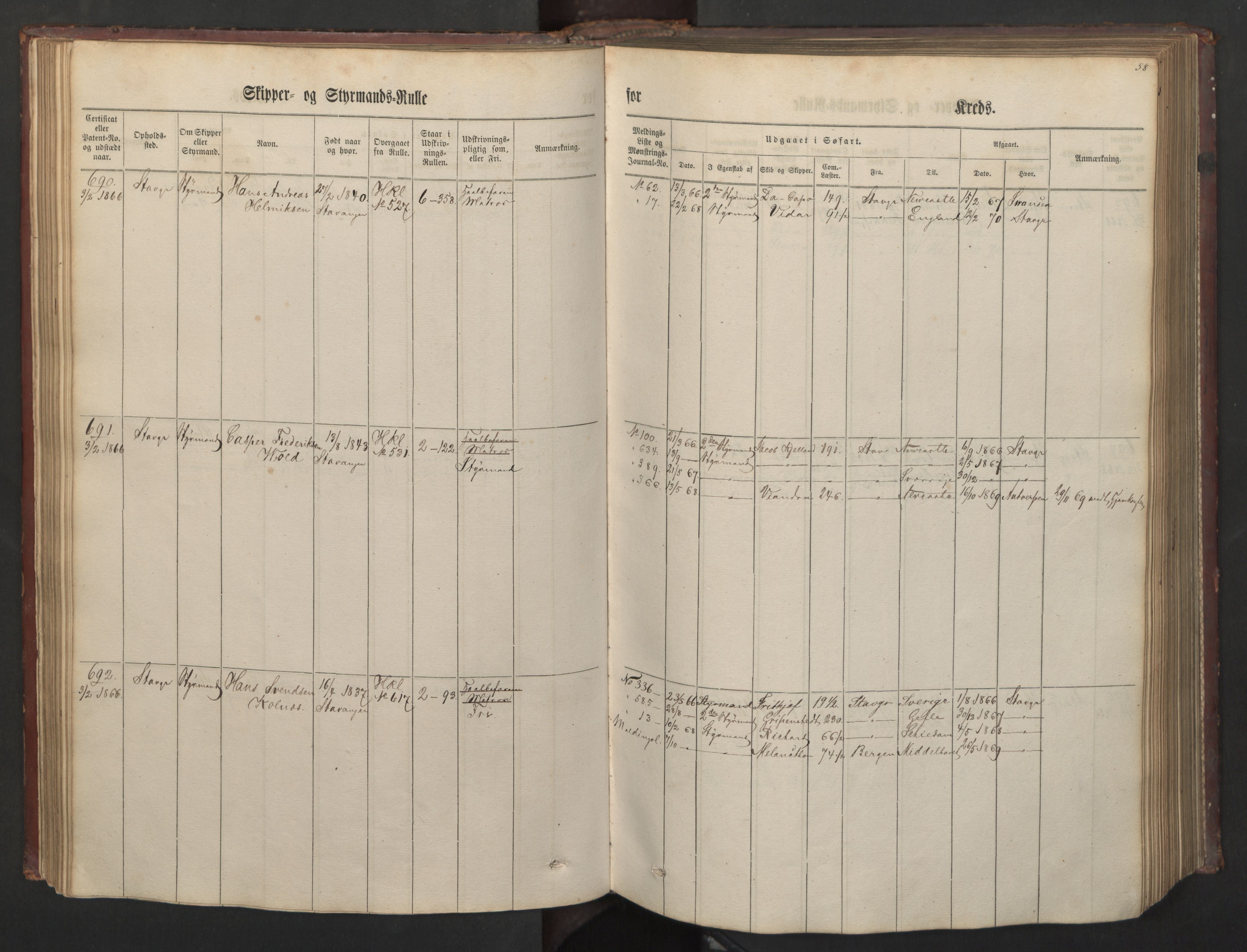 Stavanger sjømannskontor, AV/SAST-A-102006/F/Fc/L0002: Skipper- og styrmannsrulle, patentnr. 519-850, 1862, p. 78