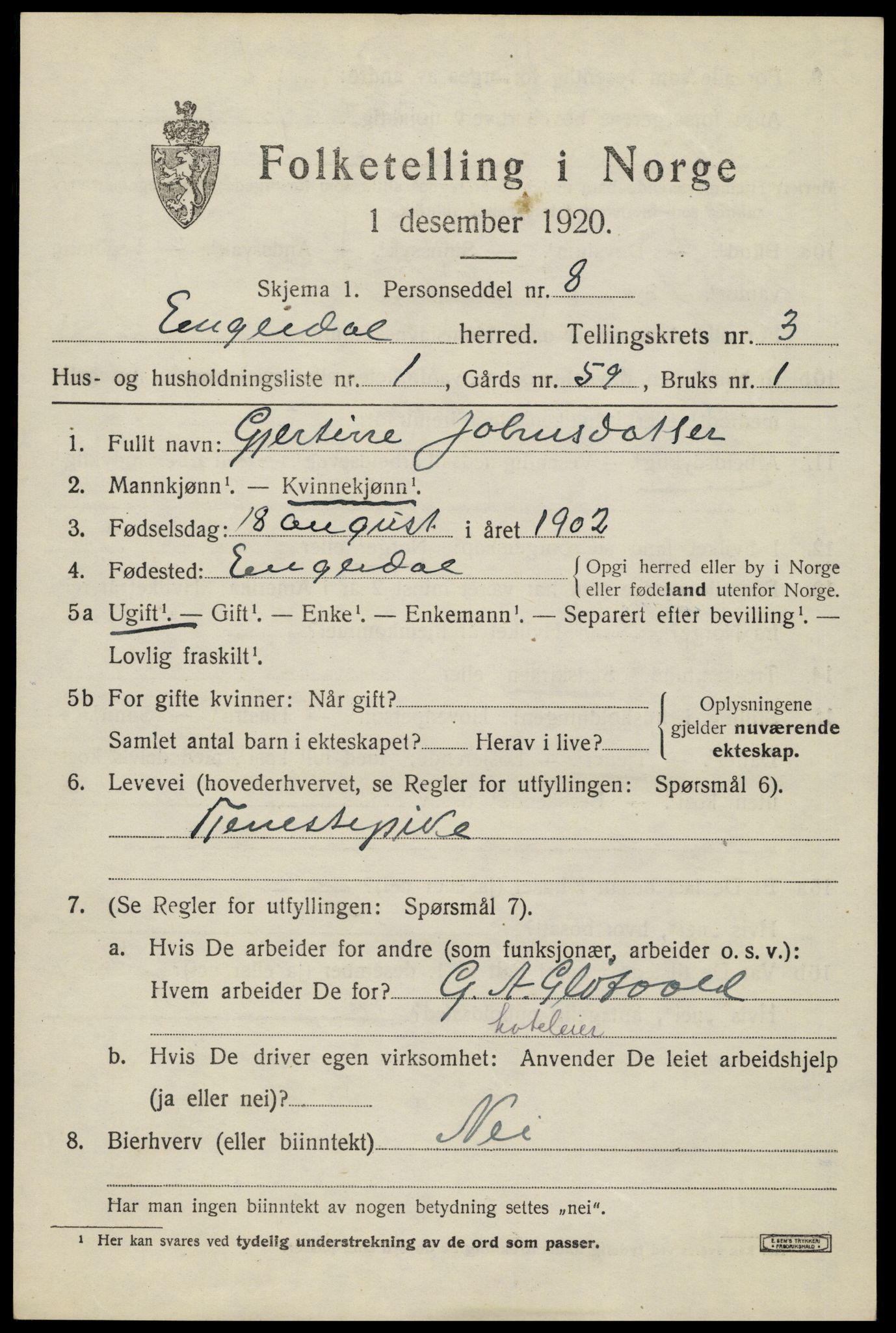 SAH, 1920 census for Engerdal, 1920, p. 1525