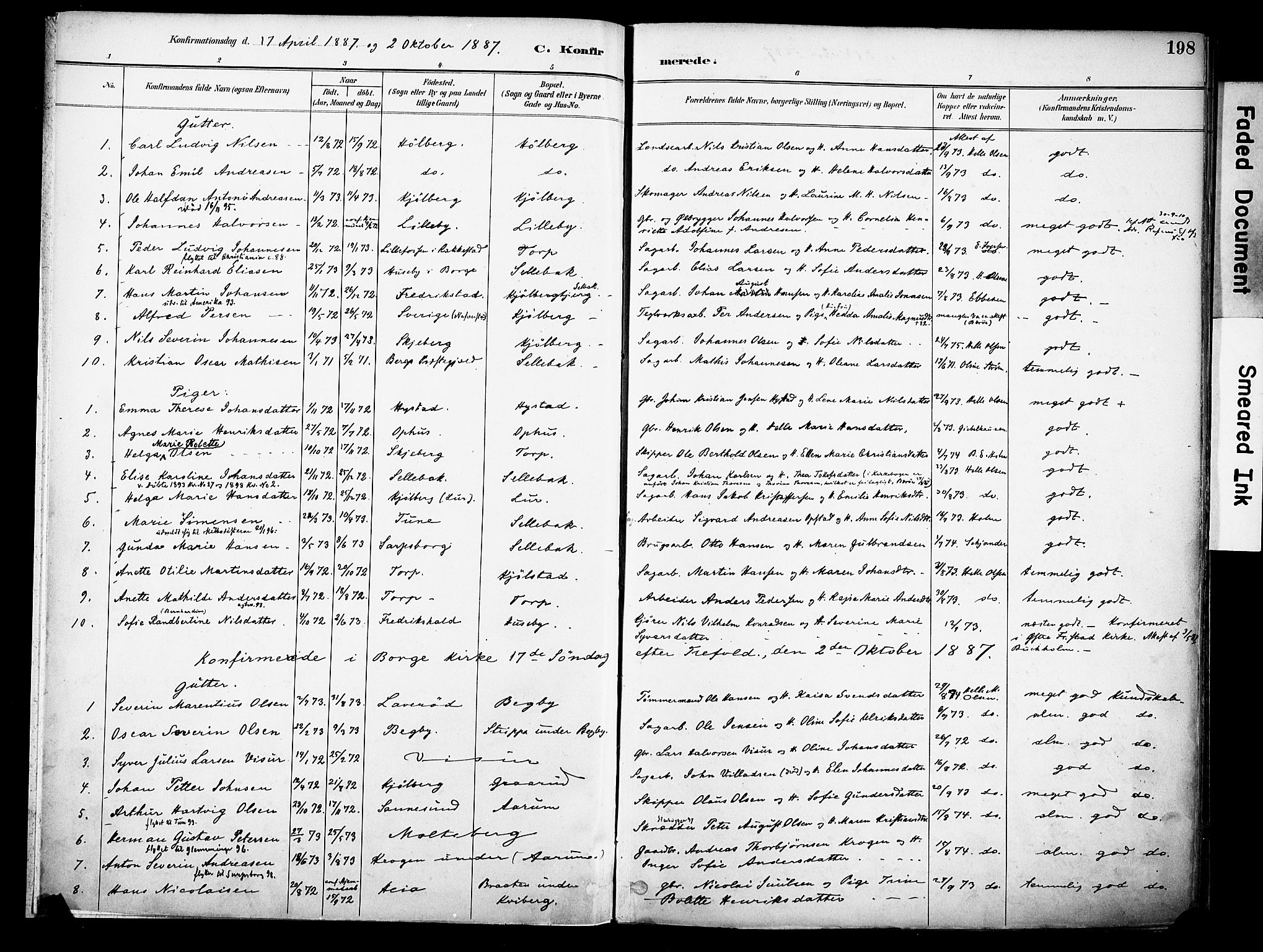 Borge prestekontor Kirkebøker, AV/SAO-A-10903/F/Fa/L0008: Parish register (official) no. I 8B, 1887-1902, p. 198