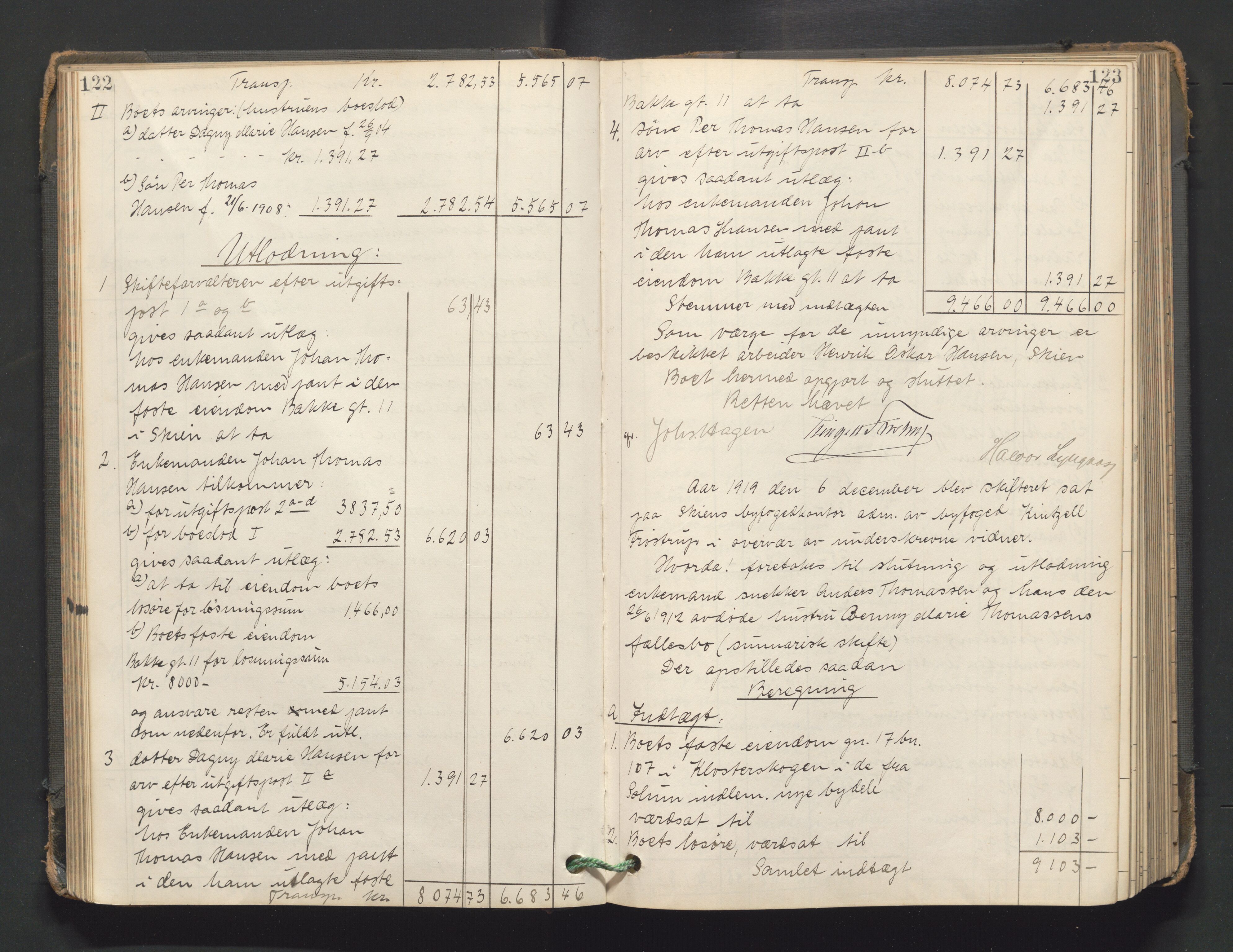 Skien byfogd, AV/SAKO-A-219/H/He/L0004: Skifteutlodningsprotokoll, 1915-1925, p. 122-123