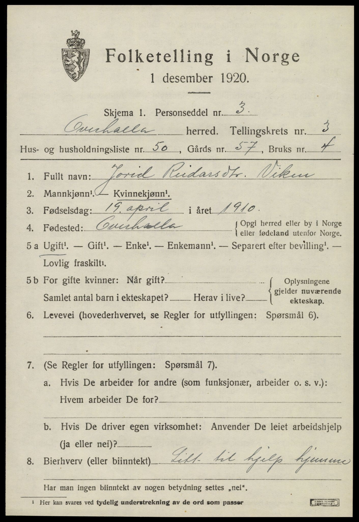 SAT, 1920 census for Overhalla, 1920, p. 2602