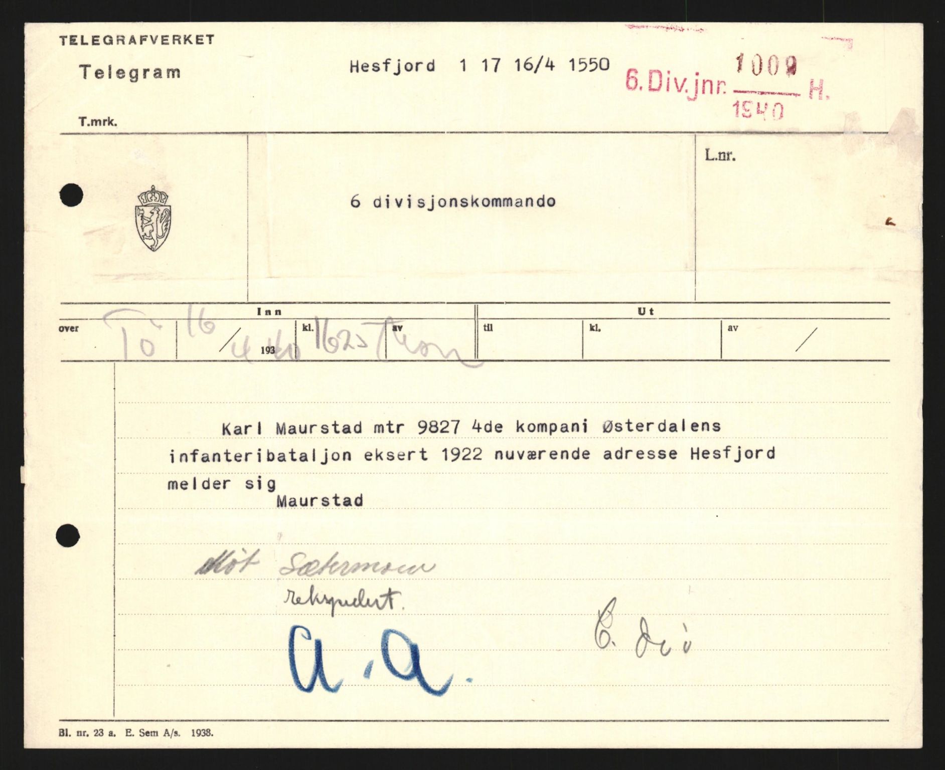 Forsvaret, Forsvarets krigshistoriske avdeling, AV/RA-RAFA-2017/Y/Yb/L0122: II-C-11-600  -  6. Divisjon med avdelinger, 1940, p. 13