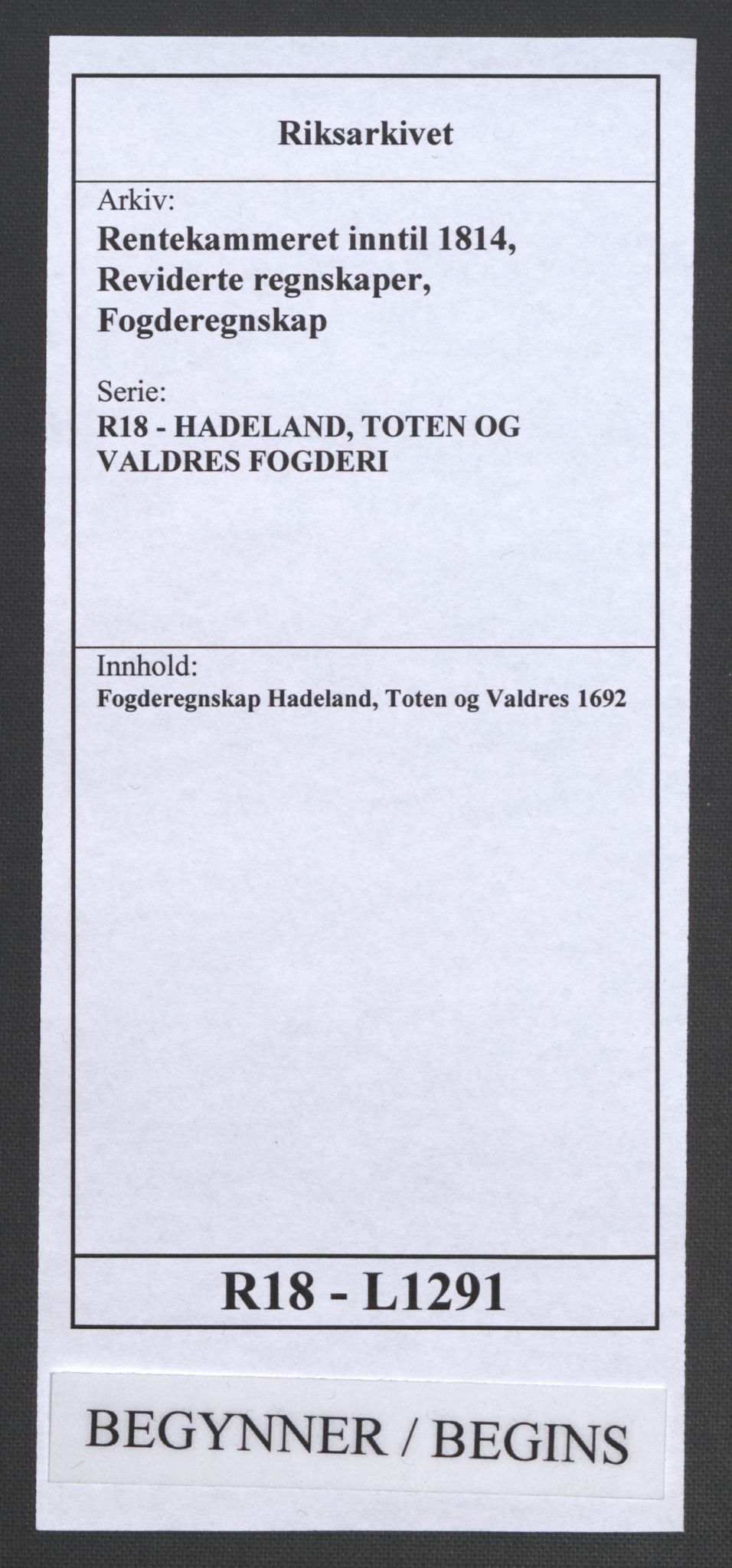 Rentekammeret inntil 1814, Reviderte regnskaper, Fogderegnskap, RA/EA-4092/R18/L1291: Fogderegnskap Hadeland, Toten og Valdres, 1692, p. 1