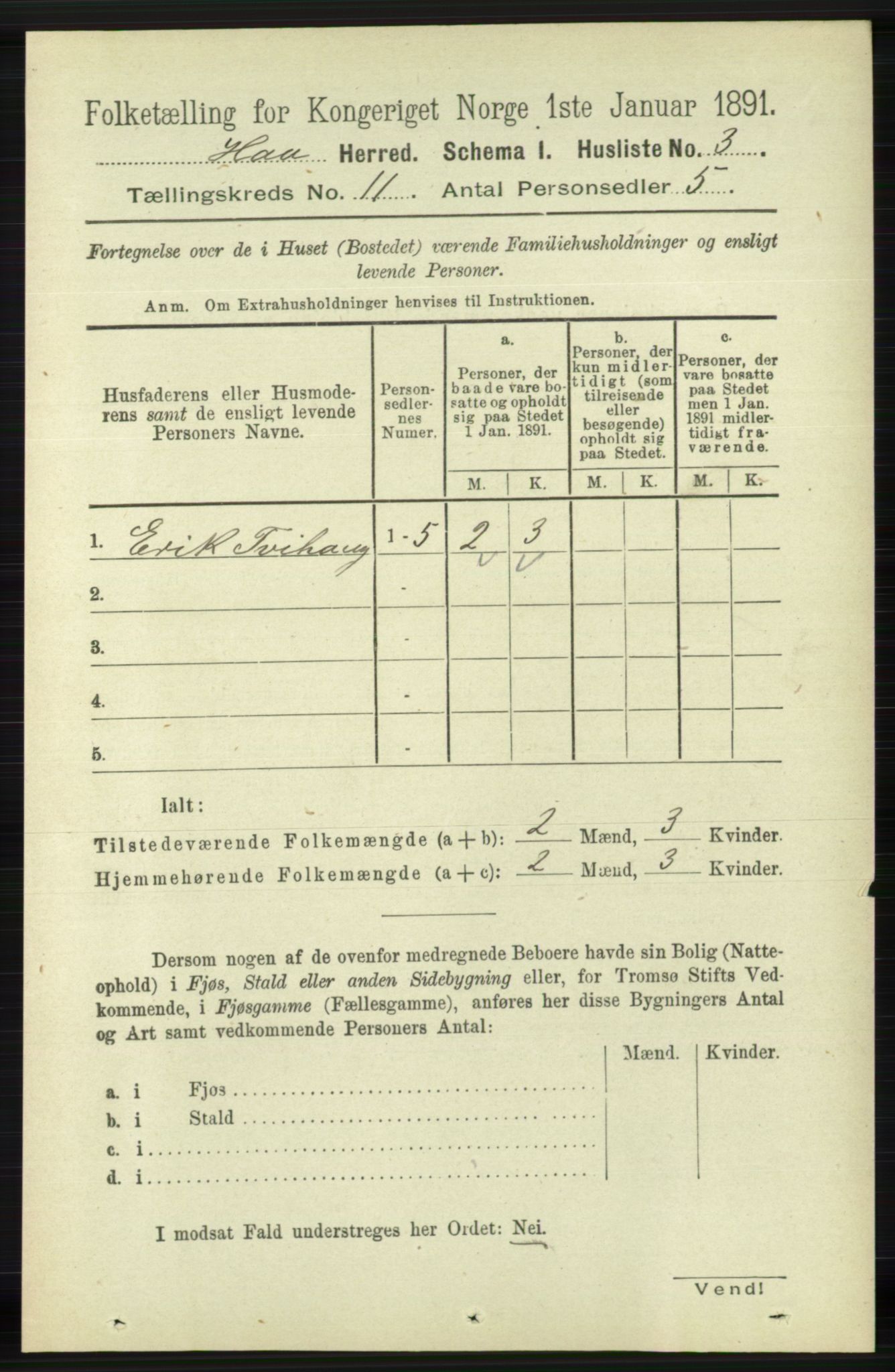 RA, 1891 census for 1119 Hå, 1891, p. 2596