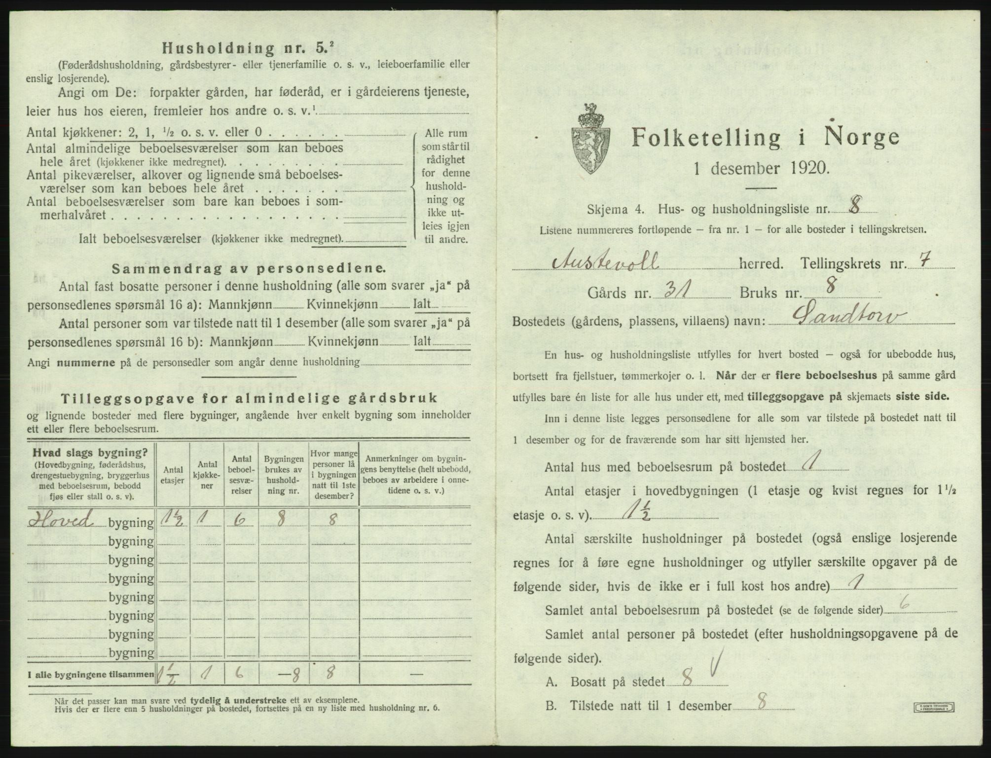 SAB, 1920 census for Austevoll, 1920, p. 467