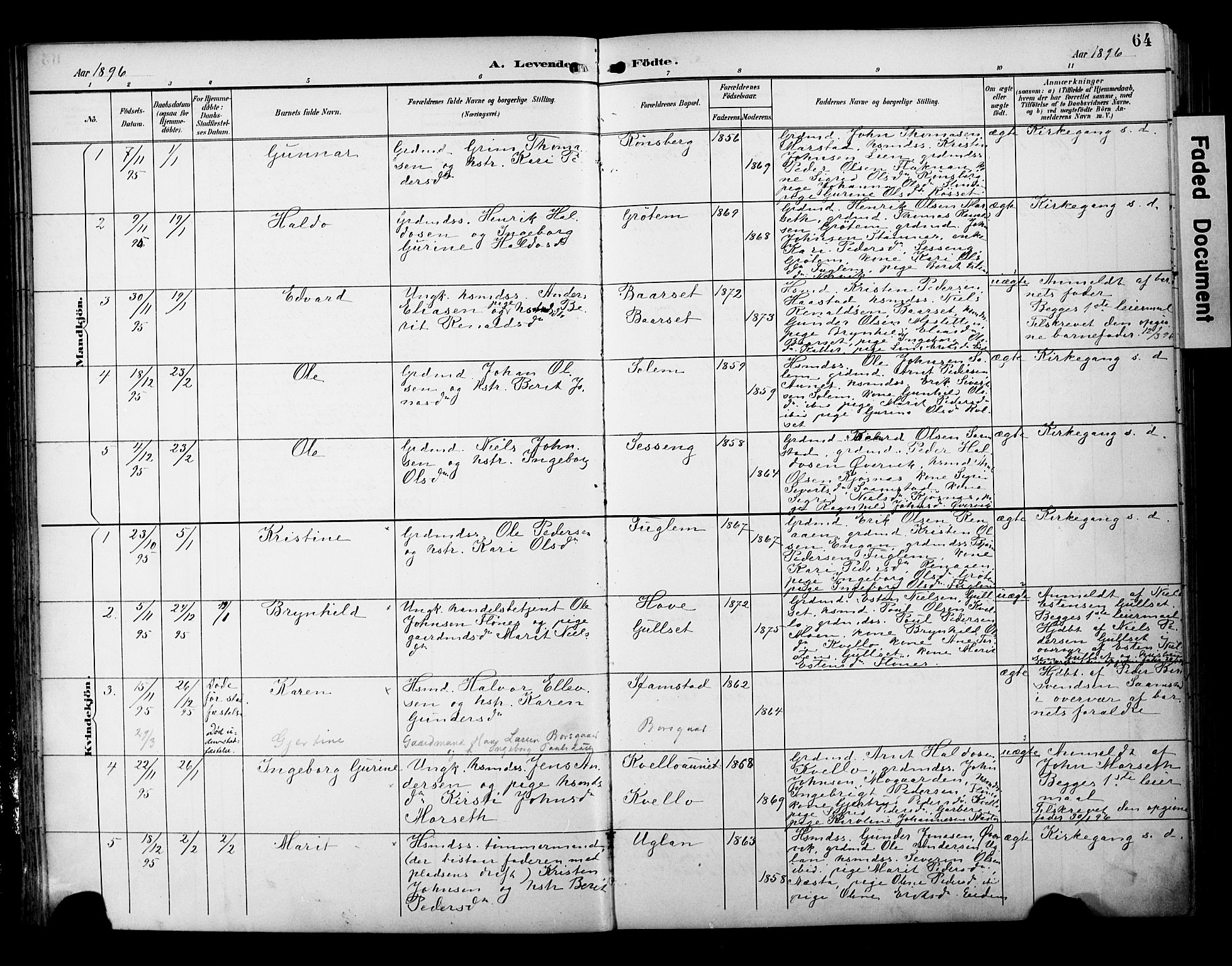 Ministerialprotokoller, klokkerbøker og fødselsregistre - Sør-Trøndelag, SAT/A-1456/695/L1149: Parish register (official) no. 695A09, 1891-1902, p. 64