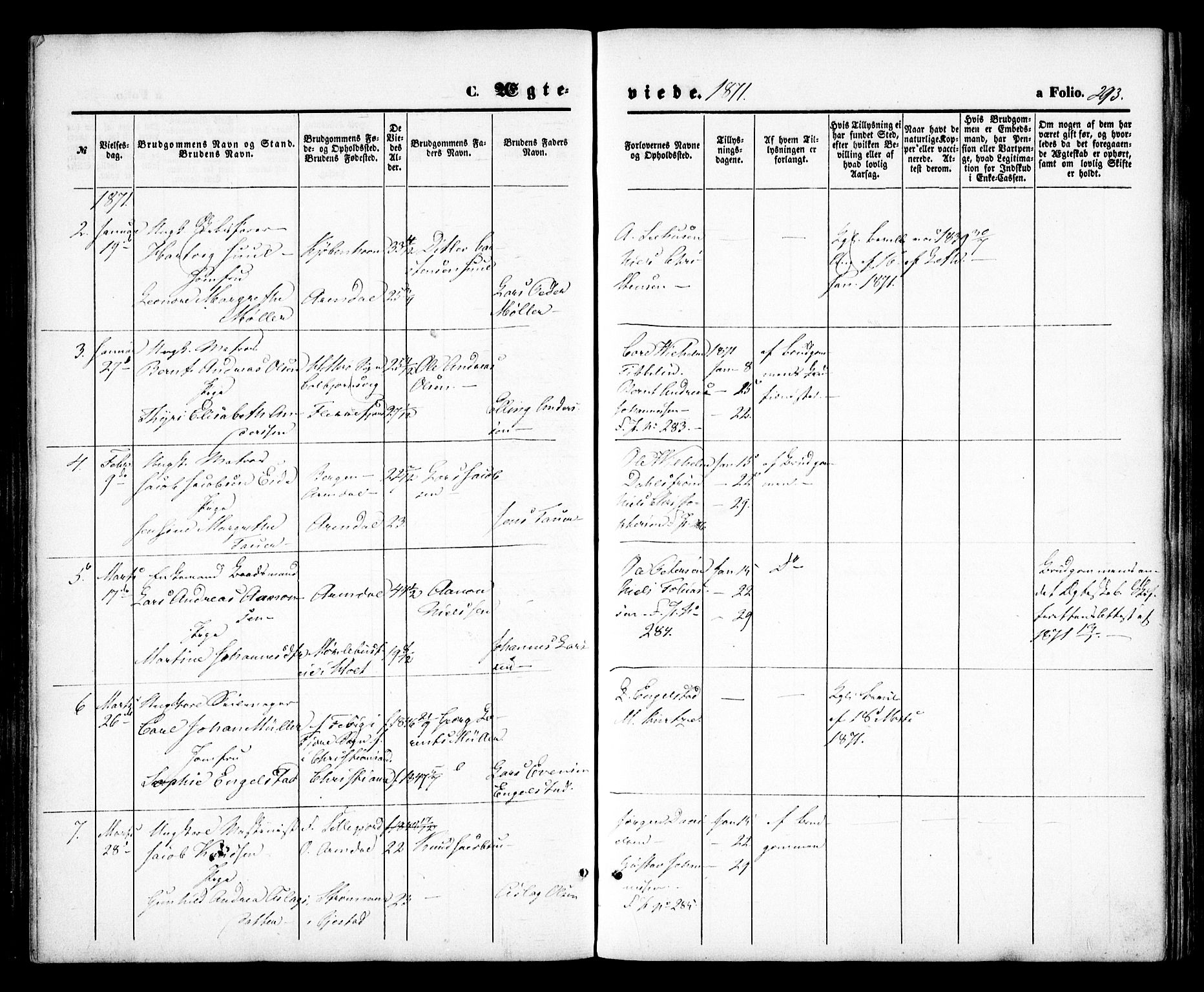 Arendal sokneprestkontor, Trefoldighet, SAK/1111-0040/F/Fa/L0007: Parish register (official) no. A 7, 1868-1878, p. 293