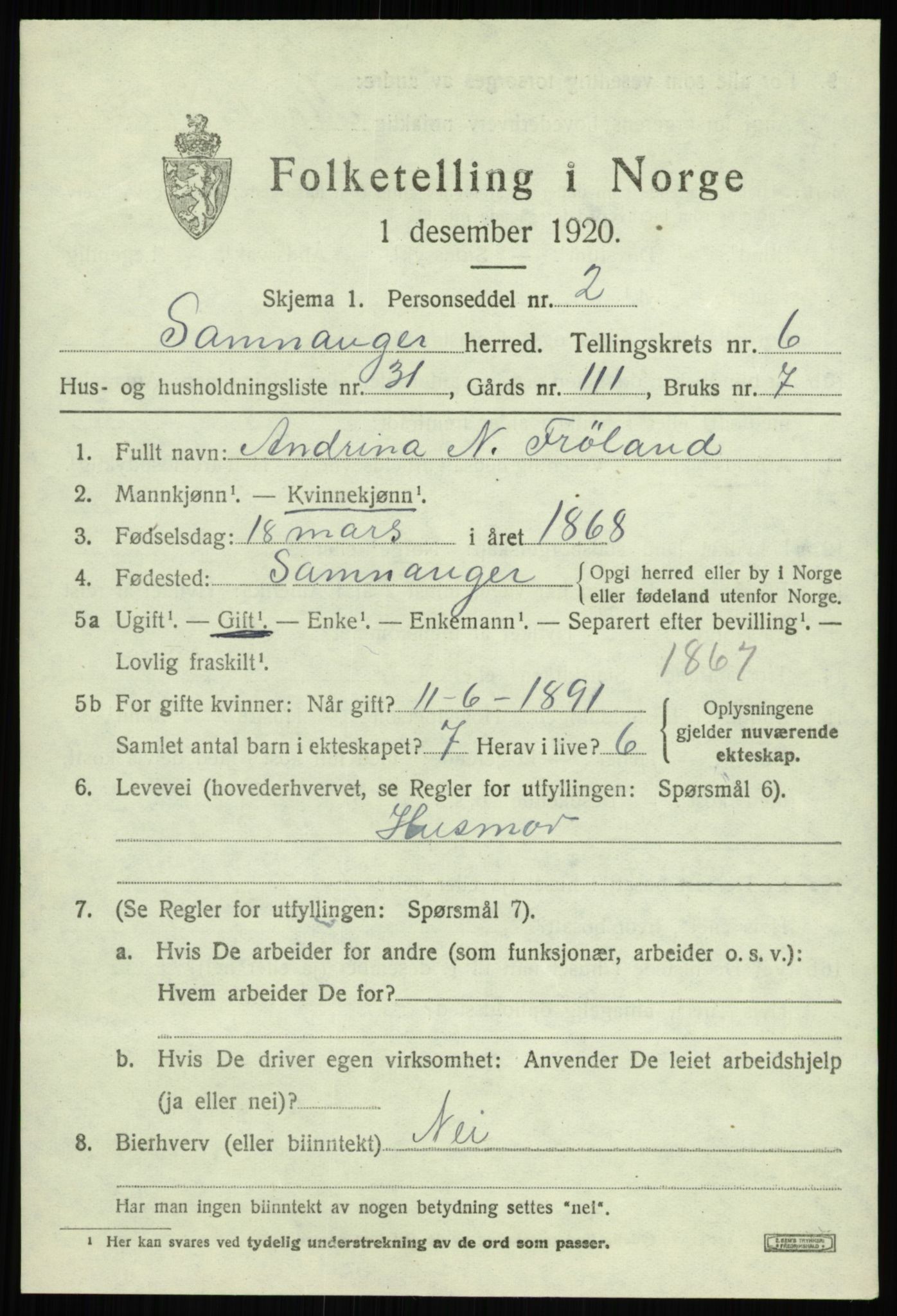 SAB, 1920 census for Samnanger, 1920, p. 2771