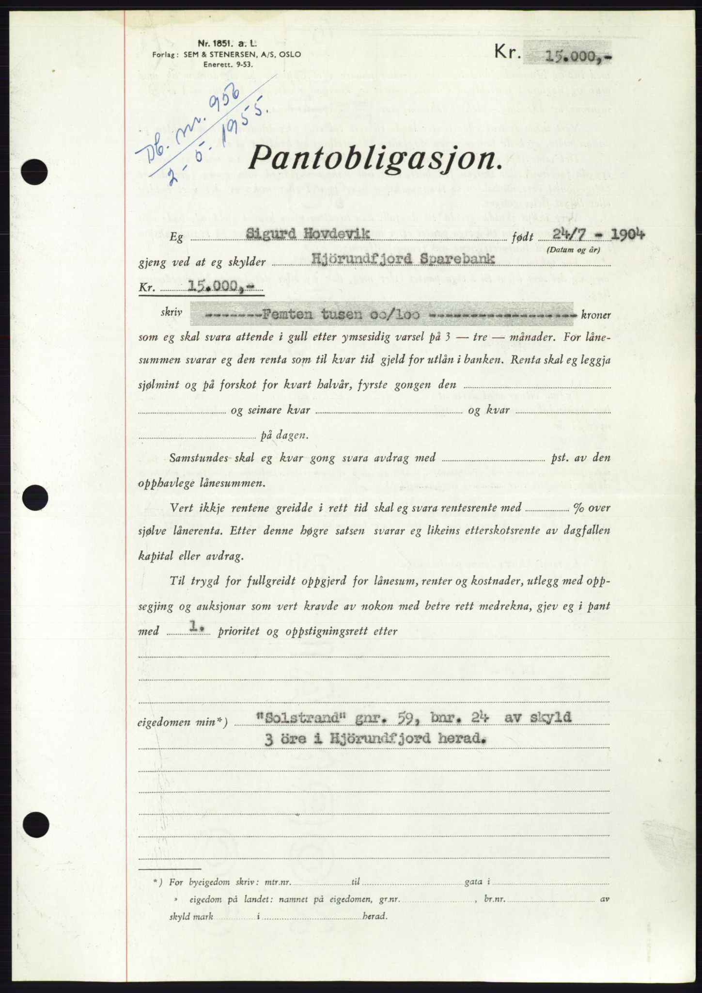 Søre Sunnmøre sorenskriveri, AV/SAT-A-4122/1/2/2C/L0126: Mortgage book no. 14B, 1954-1955, Diary no: : 956/1955