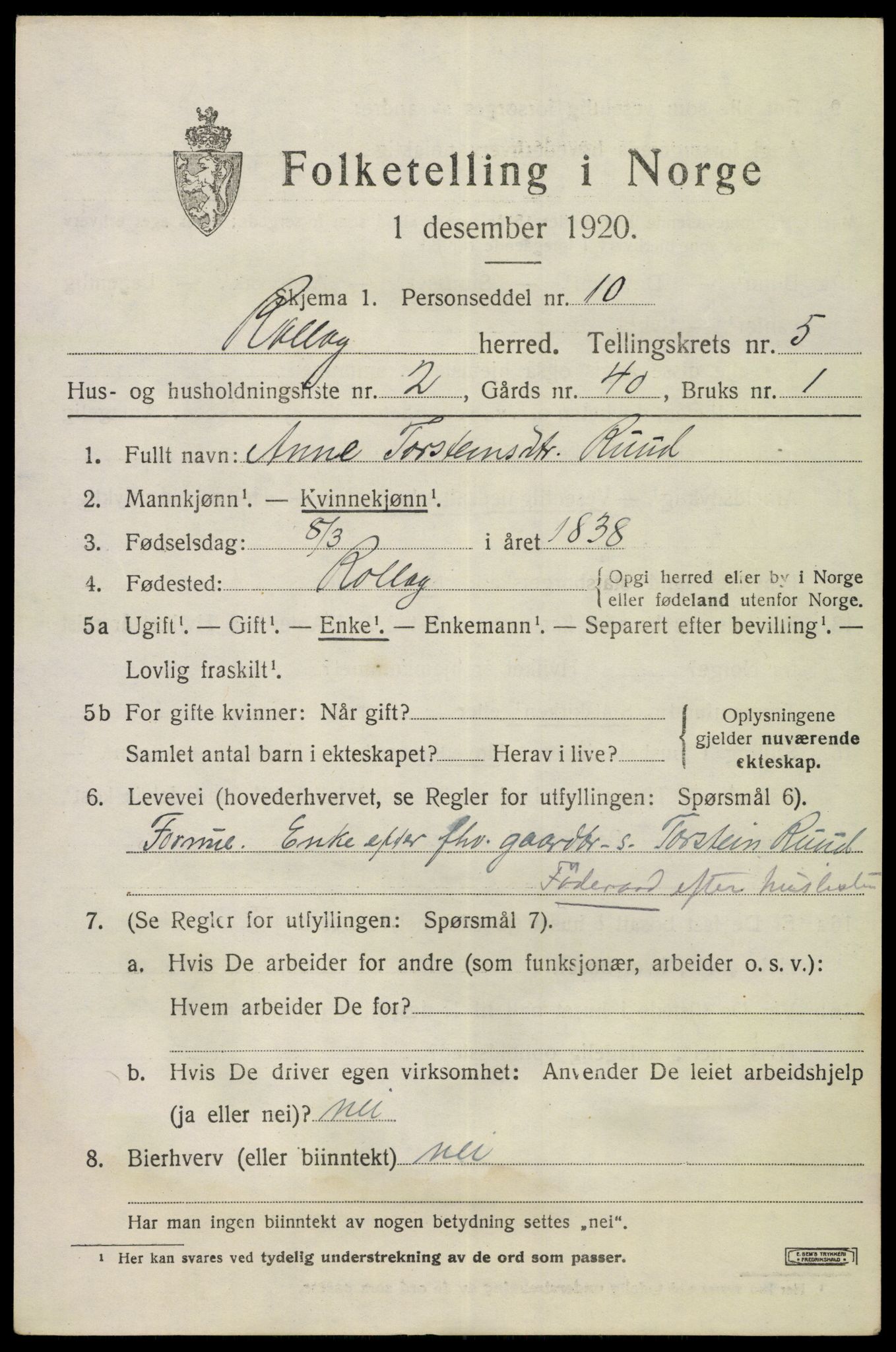 SAKO, 1920 census for Rollag, 1920, p. 2082
