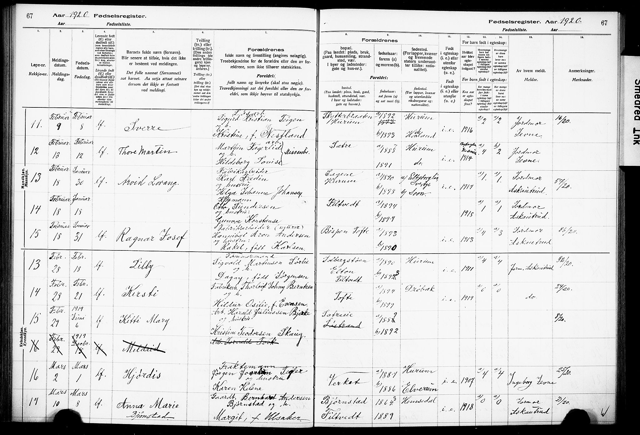 Hurum kirkebøker, AV/SAKO-A-229/J/Ja/L0001: Birth register no. 1, 1916-1928, p. 67