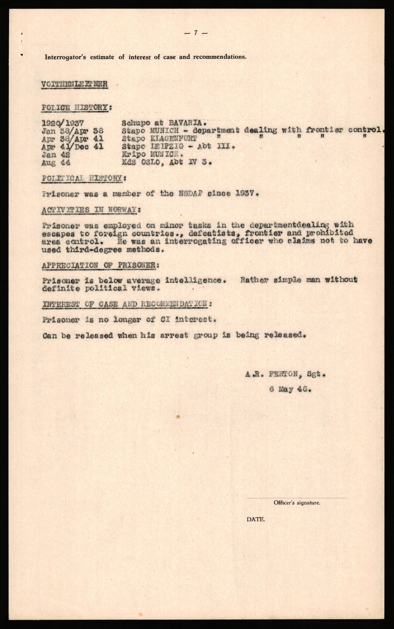 Forsvaret, Forsvarets overkommando II, RA/RAFA-3915/D/Db/L0034: CI Questionaires. Tyske okkupasjonsstyrker i Norge. Tyskere., 1945-1946, p. 319