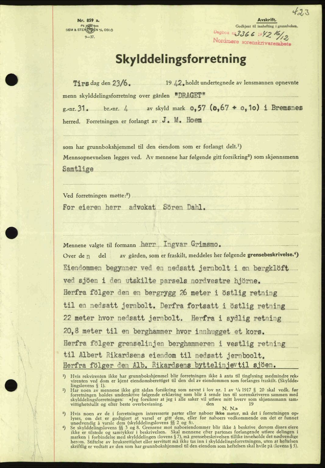 Nordmøre sorenskriveri, AV/SAT-A-4132/1/2/2Ca: Mortgage book no. A94, 1942-1943, Diary no: : 3366/1942