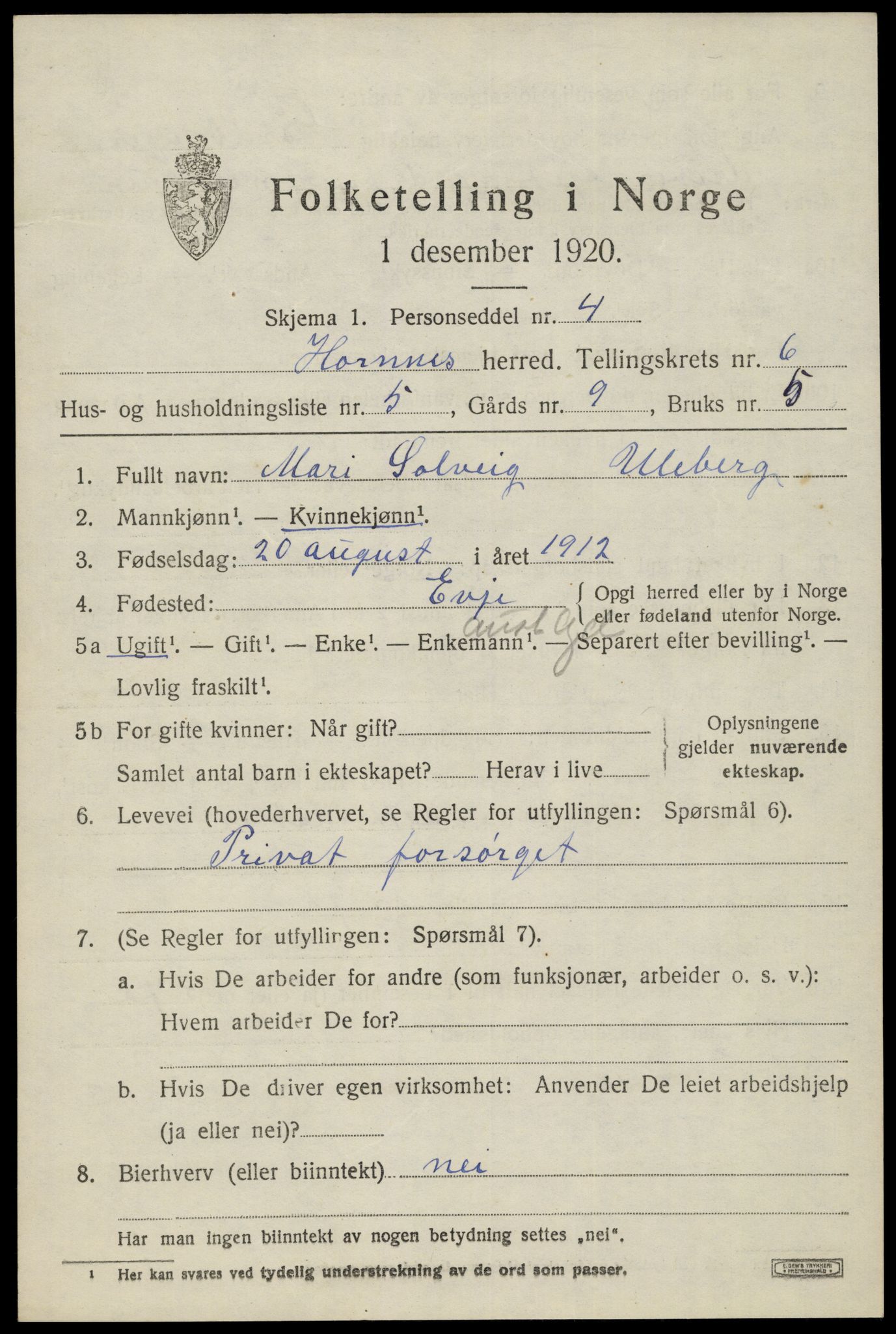 SAK, 1920 census for Hornnes, 1920, p. 1611