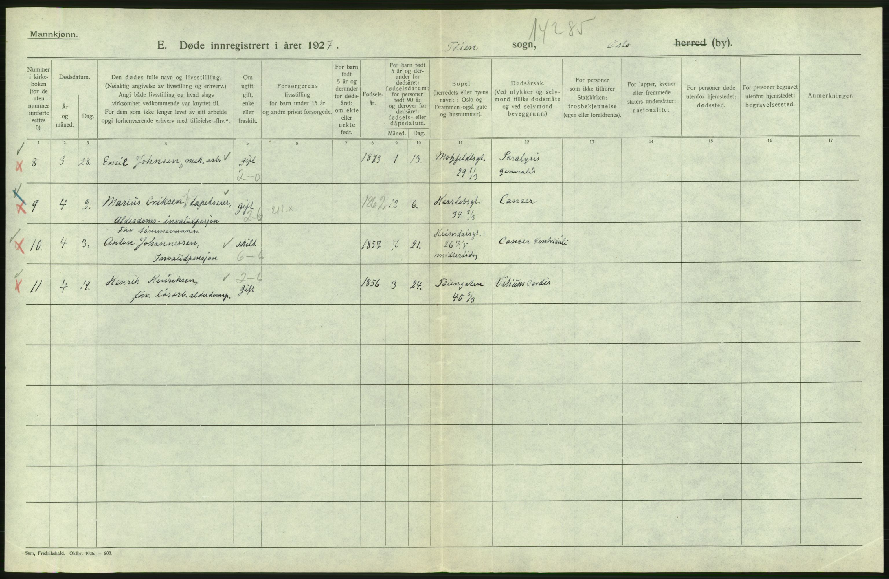 Statistisk sentralbyrå, Sosiodemografiske emner, Befolkning, AV/RA-S-2228/D/Df/Dfc/Dfcg/L0009: Oslo: Døde menn, 1927, p. 602