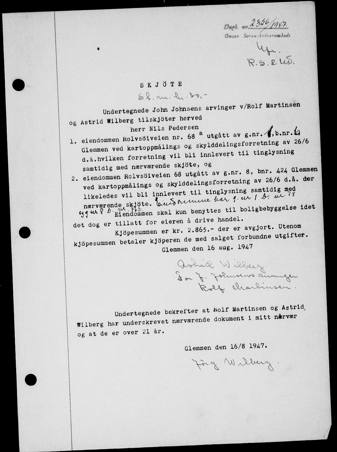 Onsøy sorenskriveri, SAO/A-10474/G/Ga/Gab/L0021: Mortgage book no. II A-21, 1947-1947, Diary no: : 2326/1947