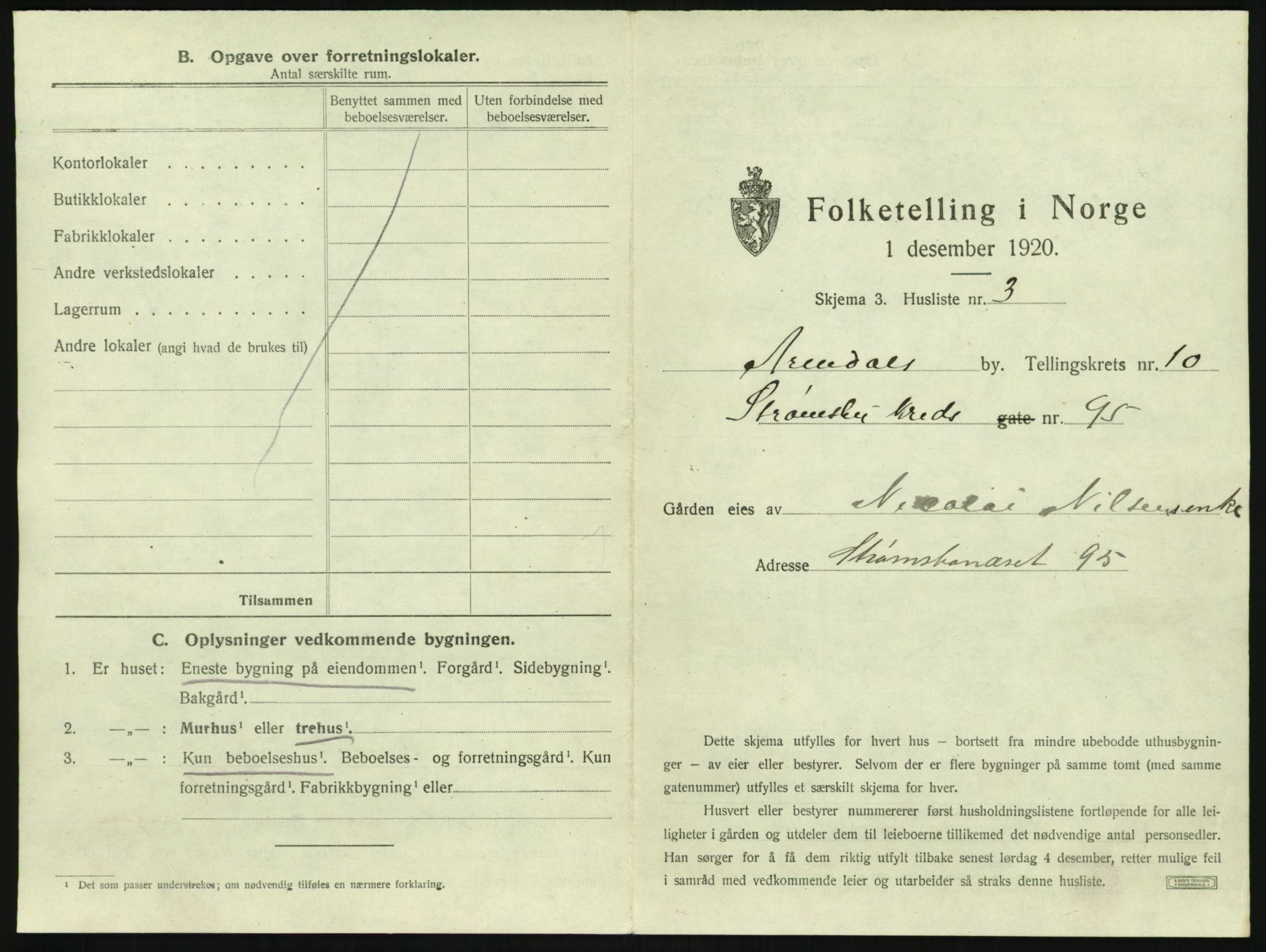 SAK, 1920 census for Arendal, 1920, p. 1292