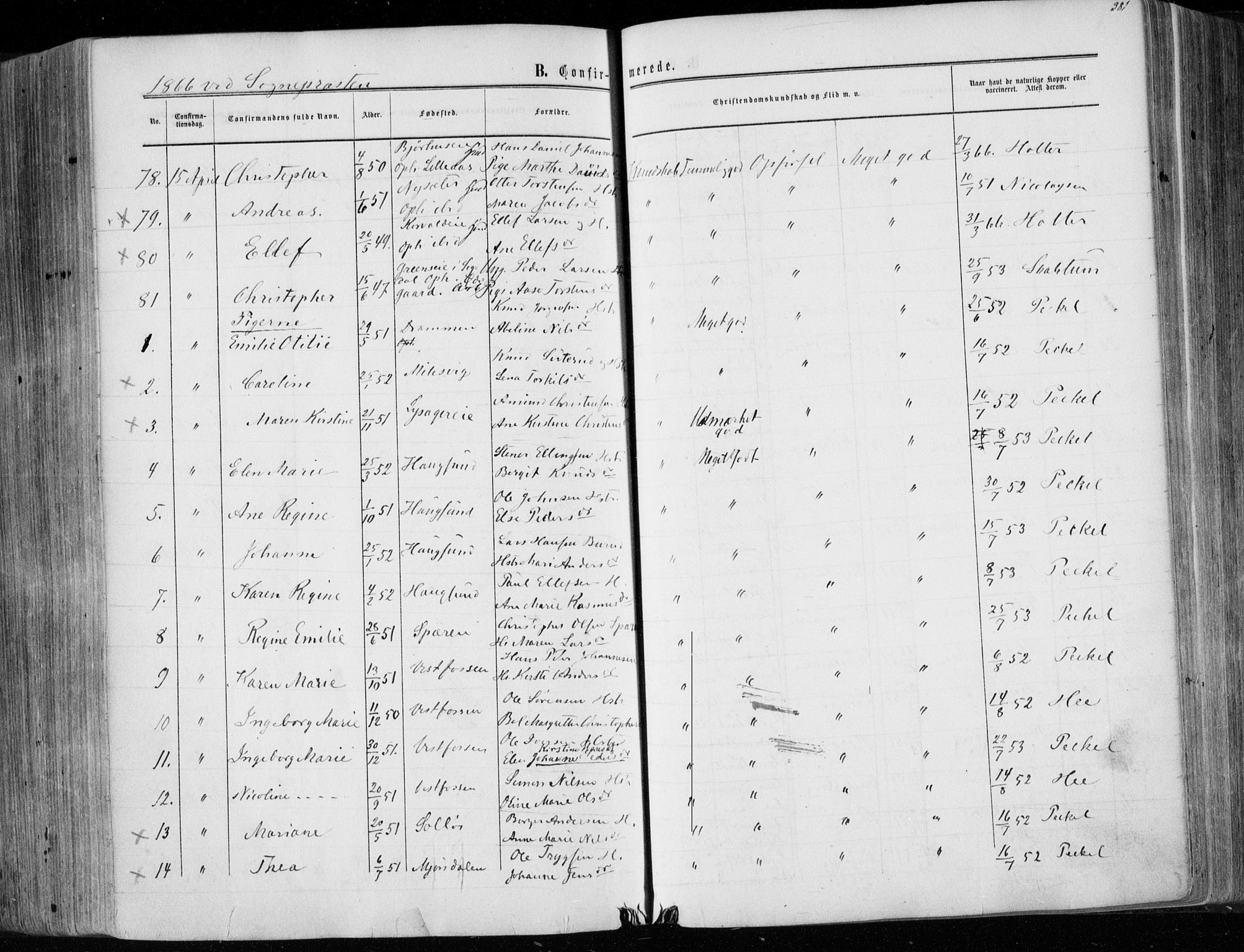 Eiker kirkebøker, AV/SAKO-A-4/F/Fa/L0016: Parish register (official) no. I 16, 1860-1868, p. 381