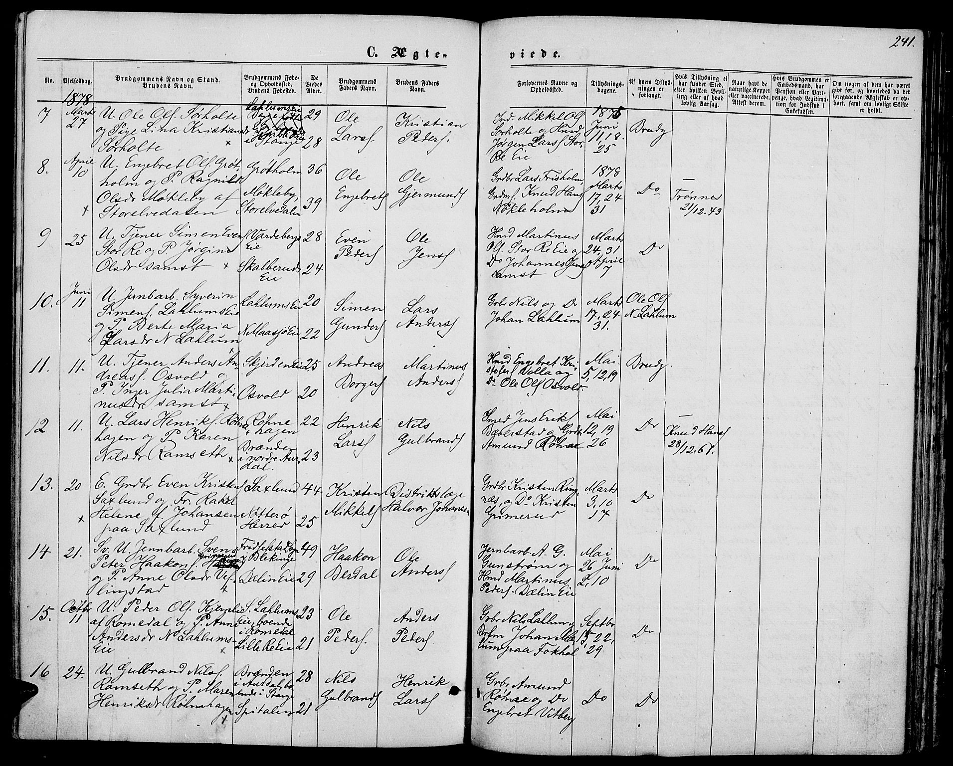 Stange prestekontor, AV/SAH-PREST-002/L/L0006: Parish register (copy) no. 6, 1864-1882, p. 241