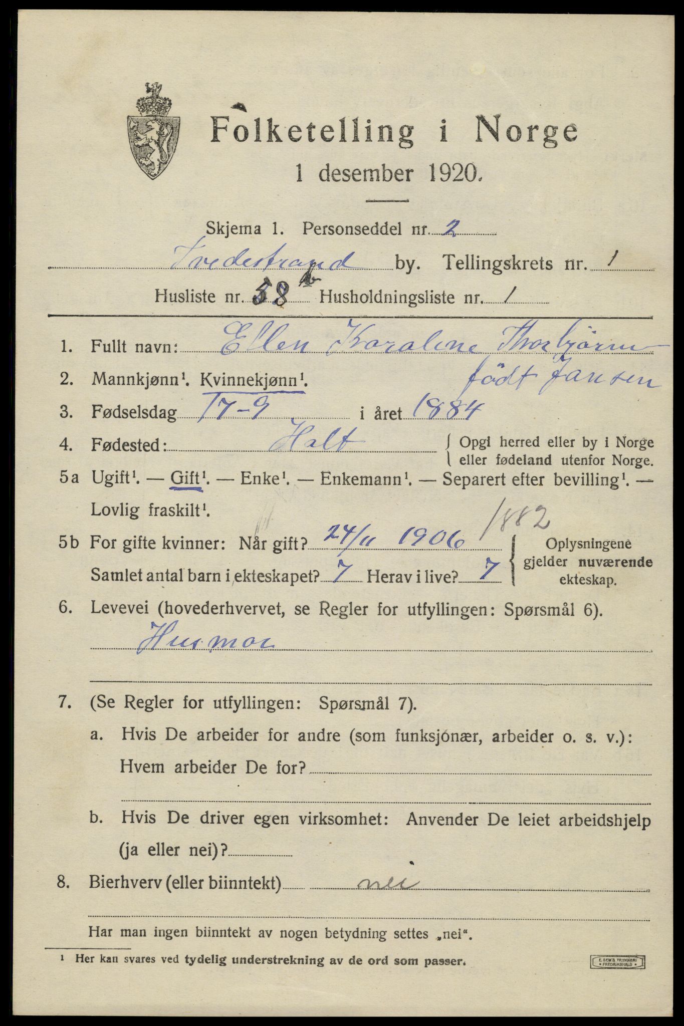 SAK, 1920 census for Tvedestrand, 1920, p. 1971