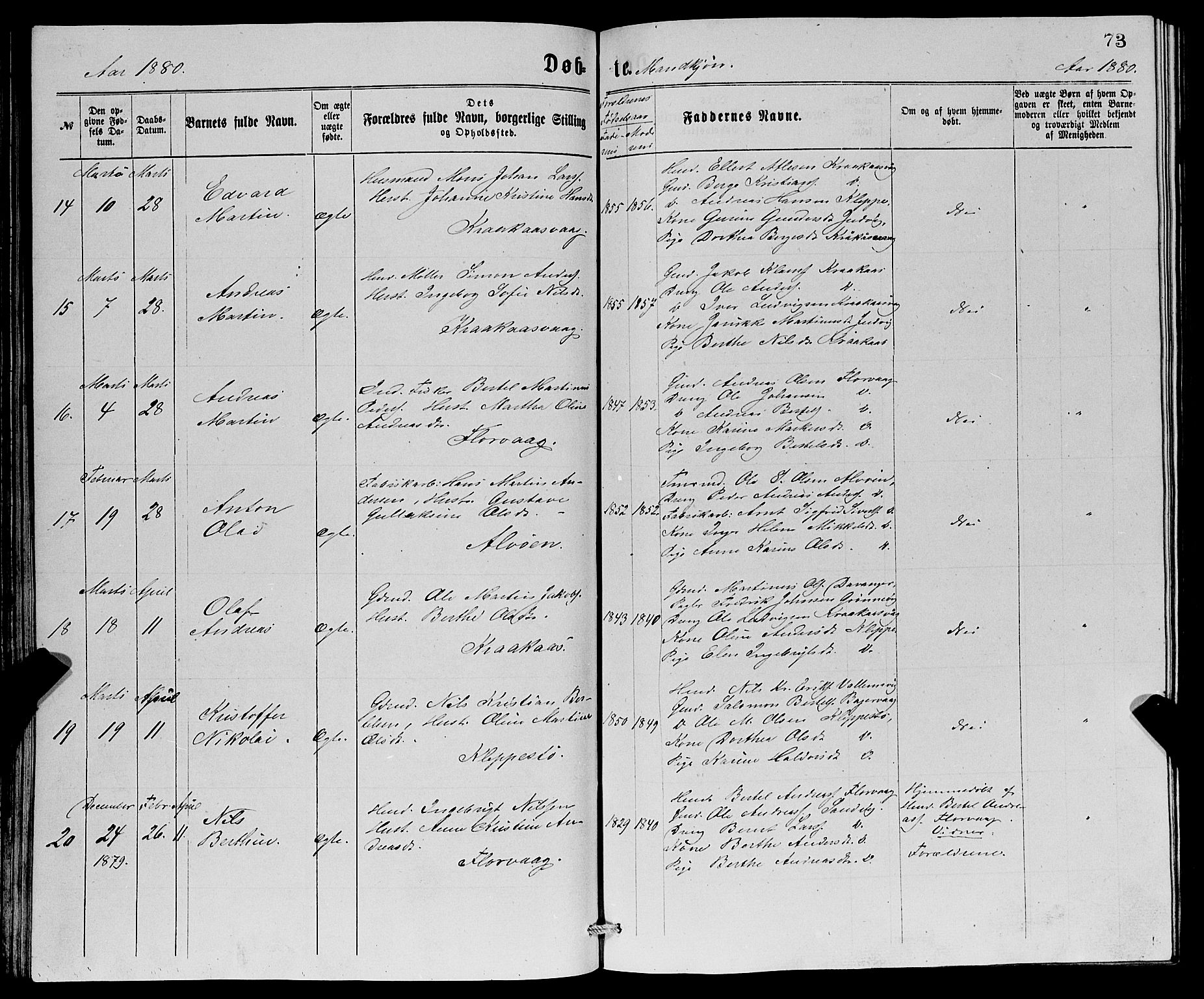 Askøy Sokneprestembete, AV/SAB-A-74101/H/Ha/Hab/Haba/L0007: Parish register (copy) no. A 7, 1871-1881, p. 73