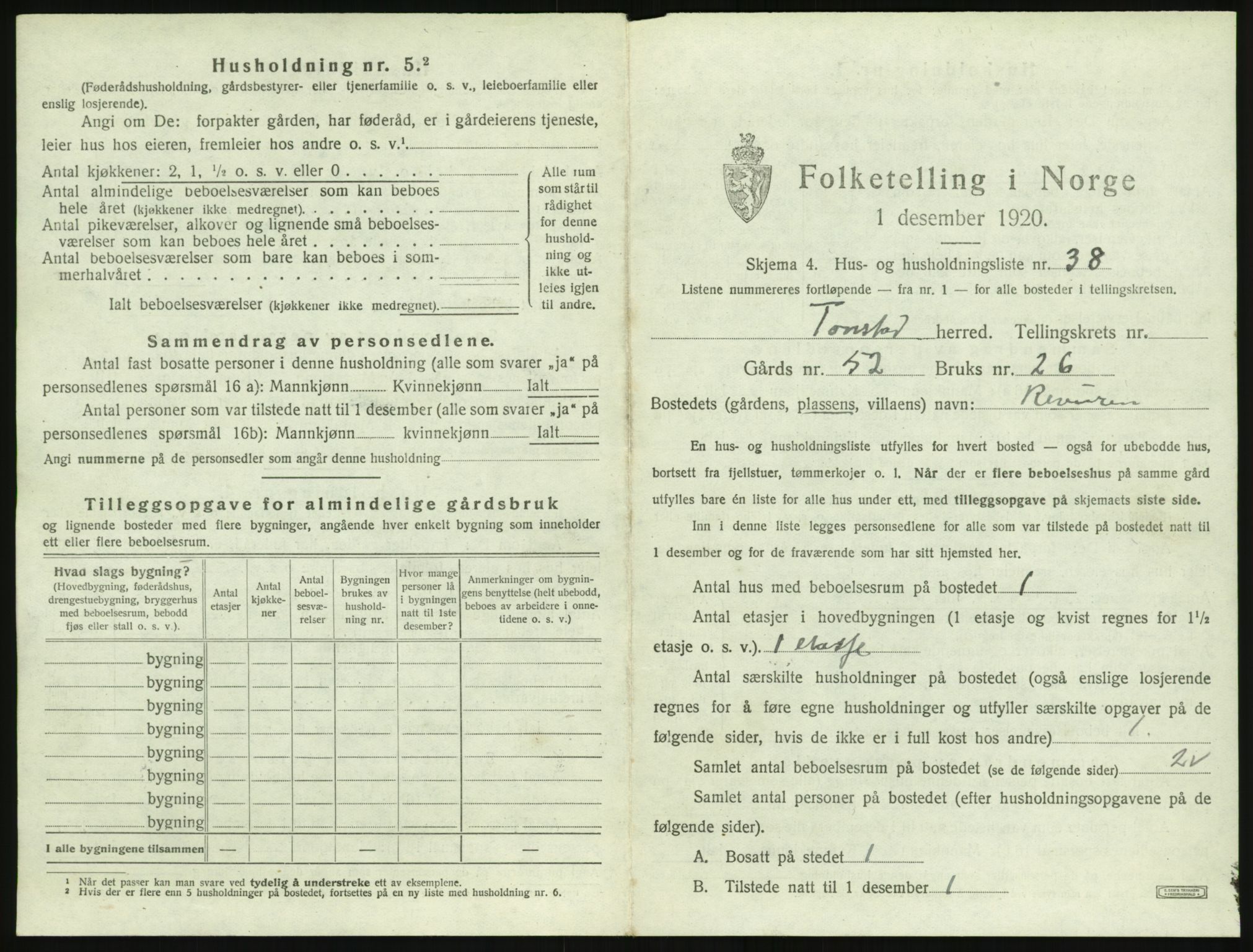 SAK, 1920 census for Tonstad, 1920, p. 326