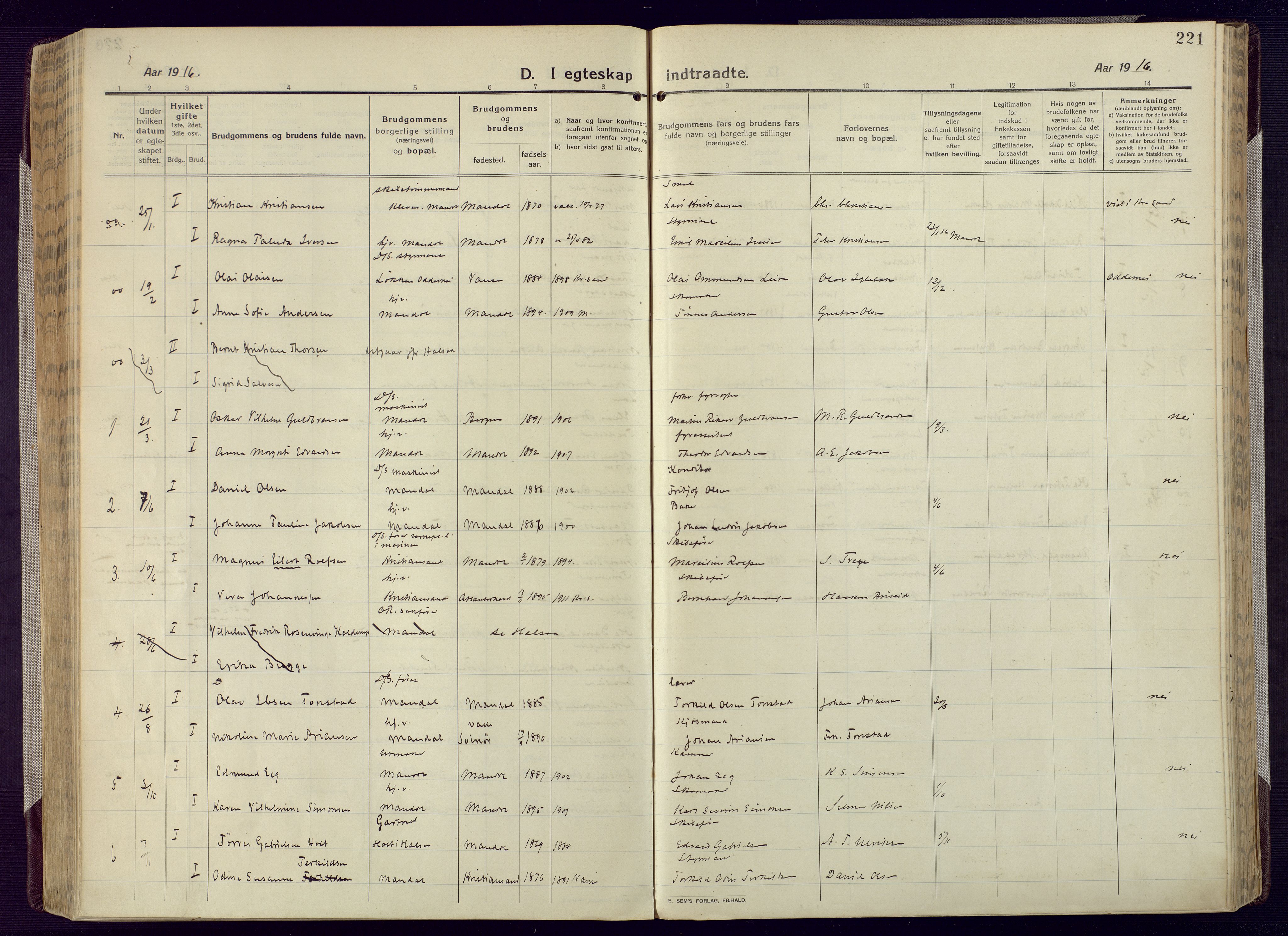 Mandal sokneprestkontor, SAK/1111-0030/F/Fa/Fac/L0001: Parish register (official) no. A 1, 1913-1925, p. 221