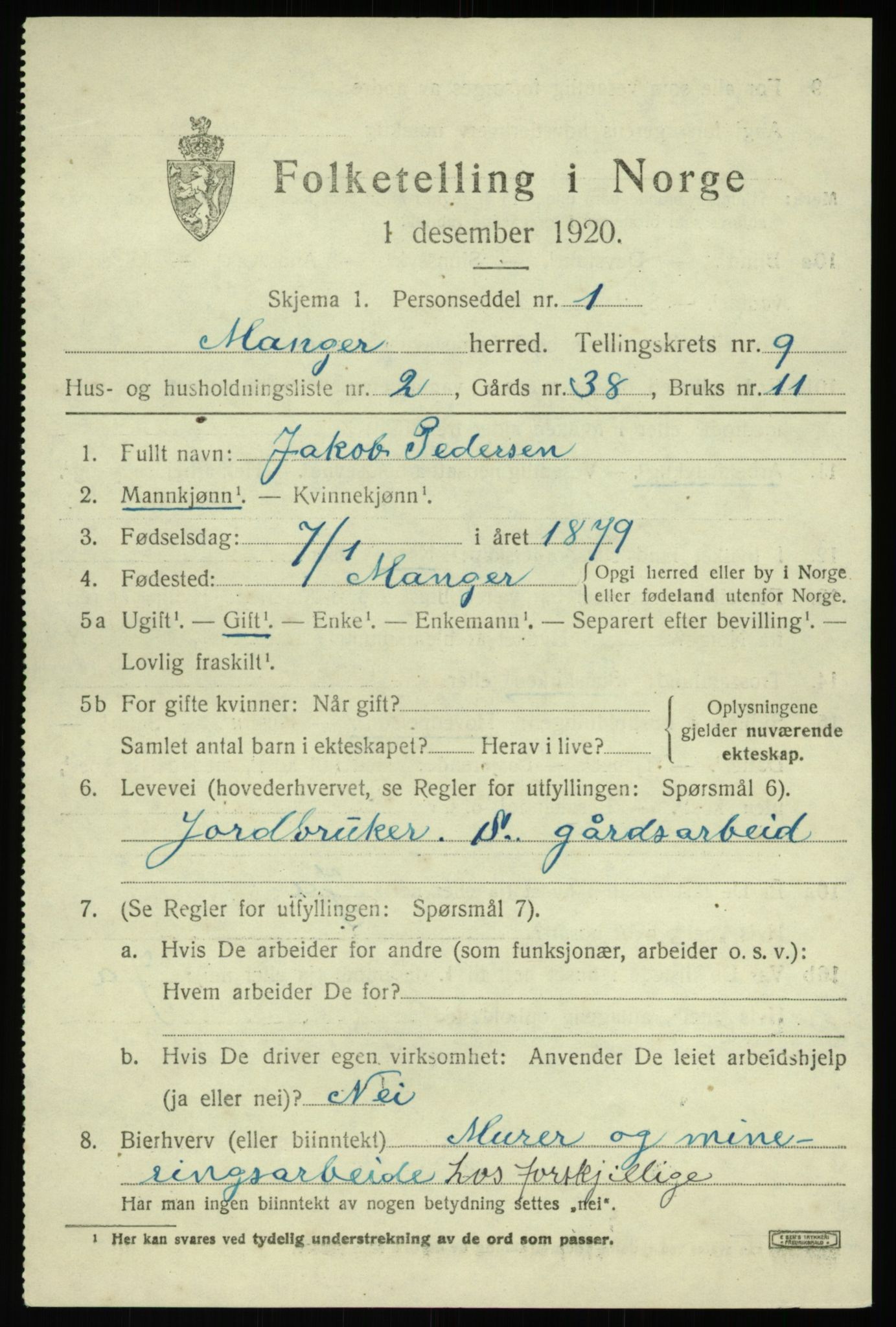 SAB, 1920 census for Manger, 1920, p. 5447