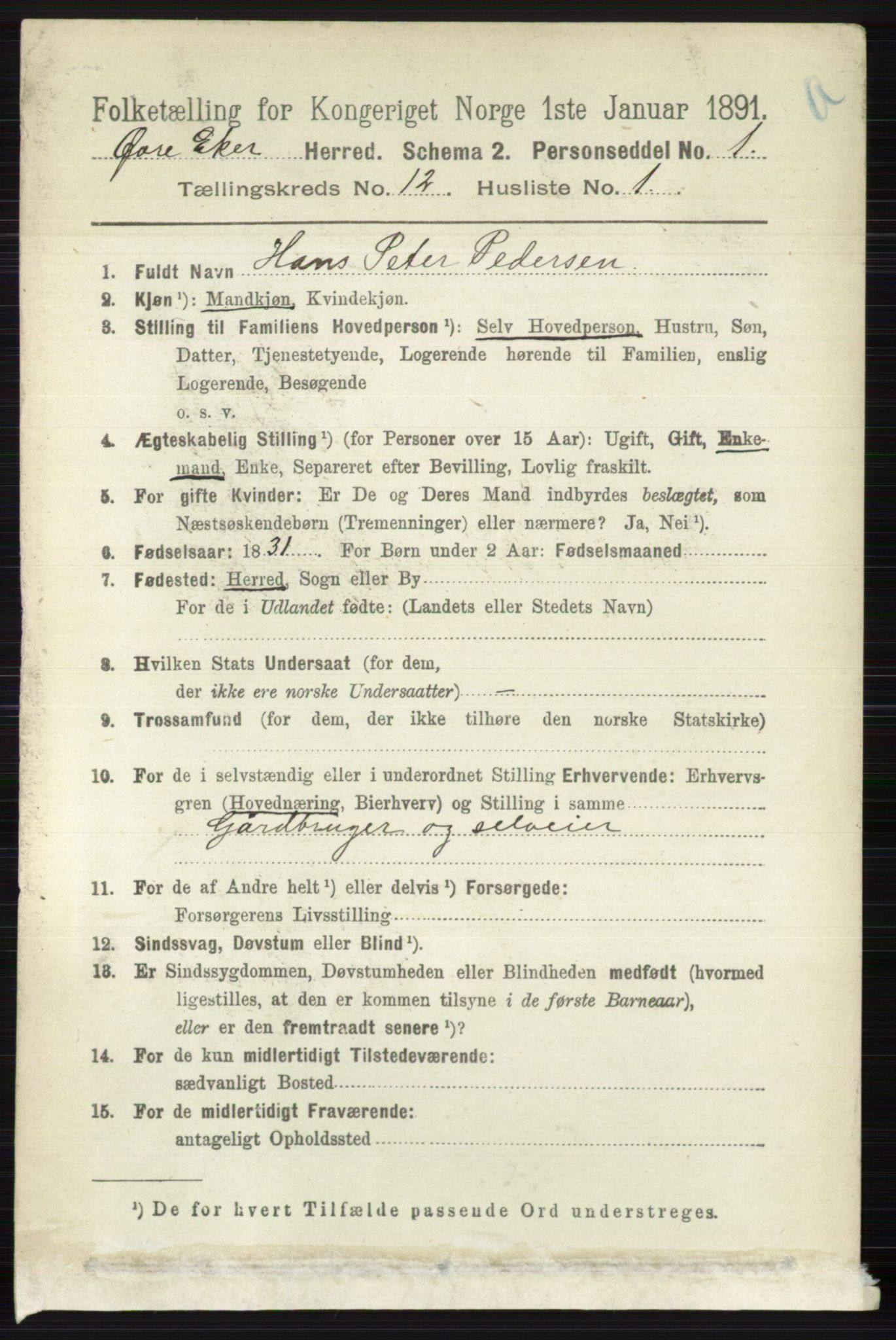 RA, 1891 census for 0624 Øvre Eiker, 1891, p. 5285