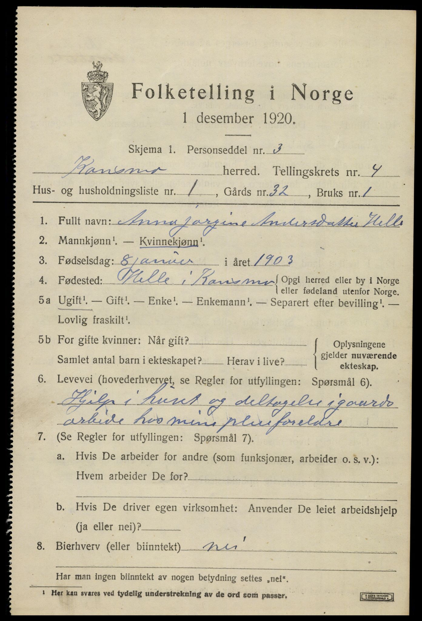 SAK, 1920 census for Konsmo, 1920, p. 1202