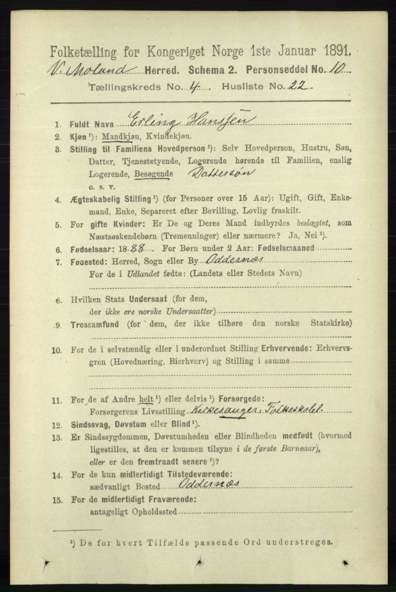 RA, 1891 census for 0926 Vestre Moland, 1891, p. 1373
