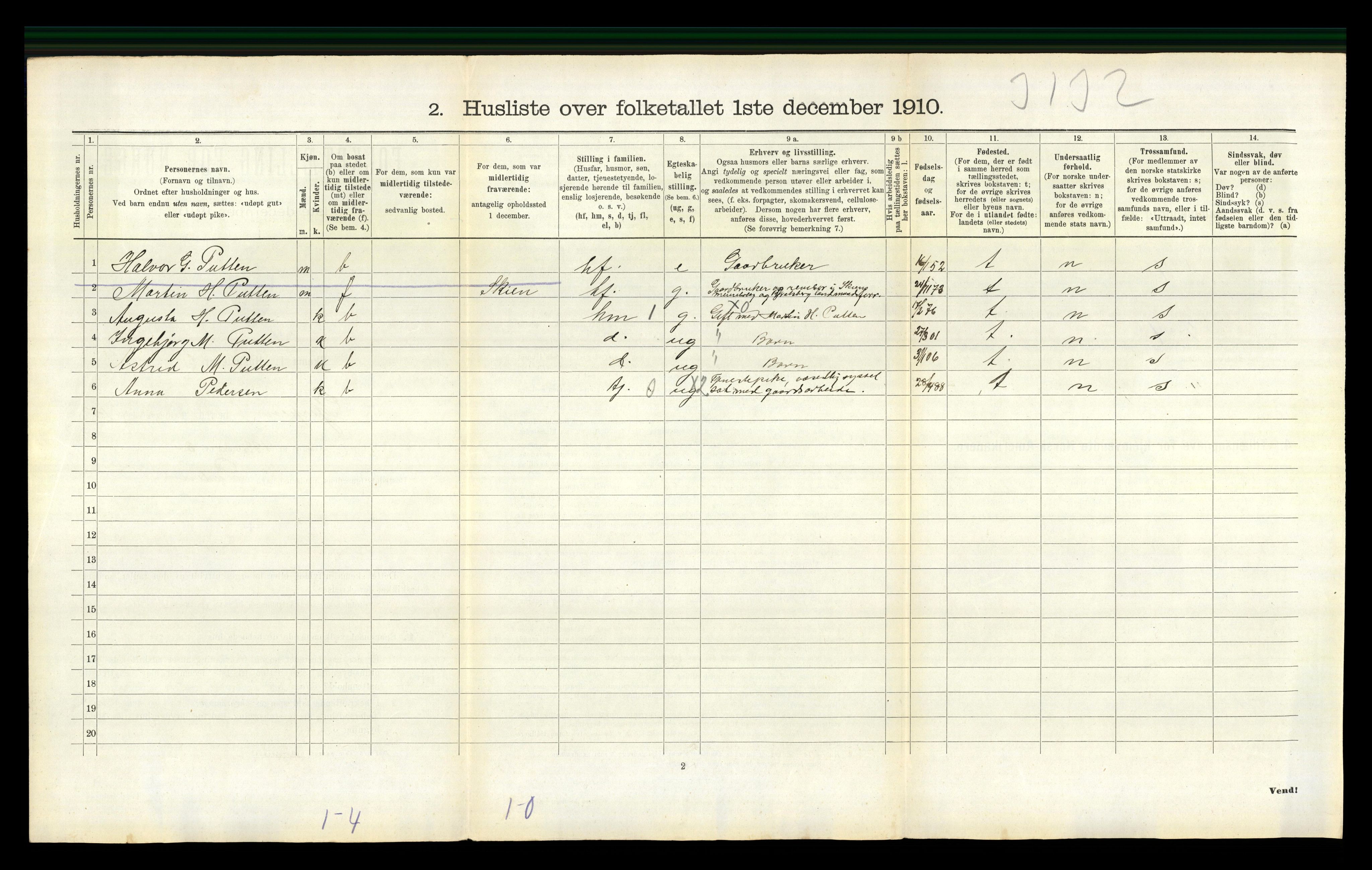 RA, 1910 census for Gjerpen, 1910, p. 2580