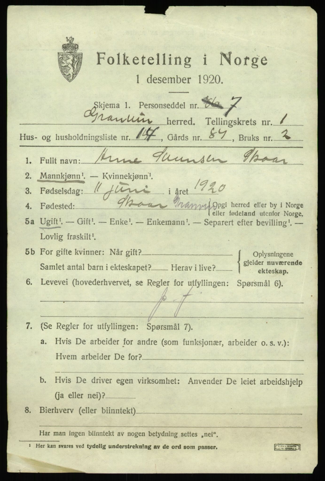 SAB, 1920 census for Granvin, 1920, p. 634