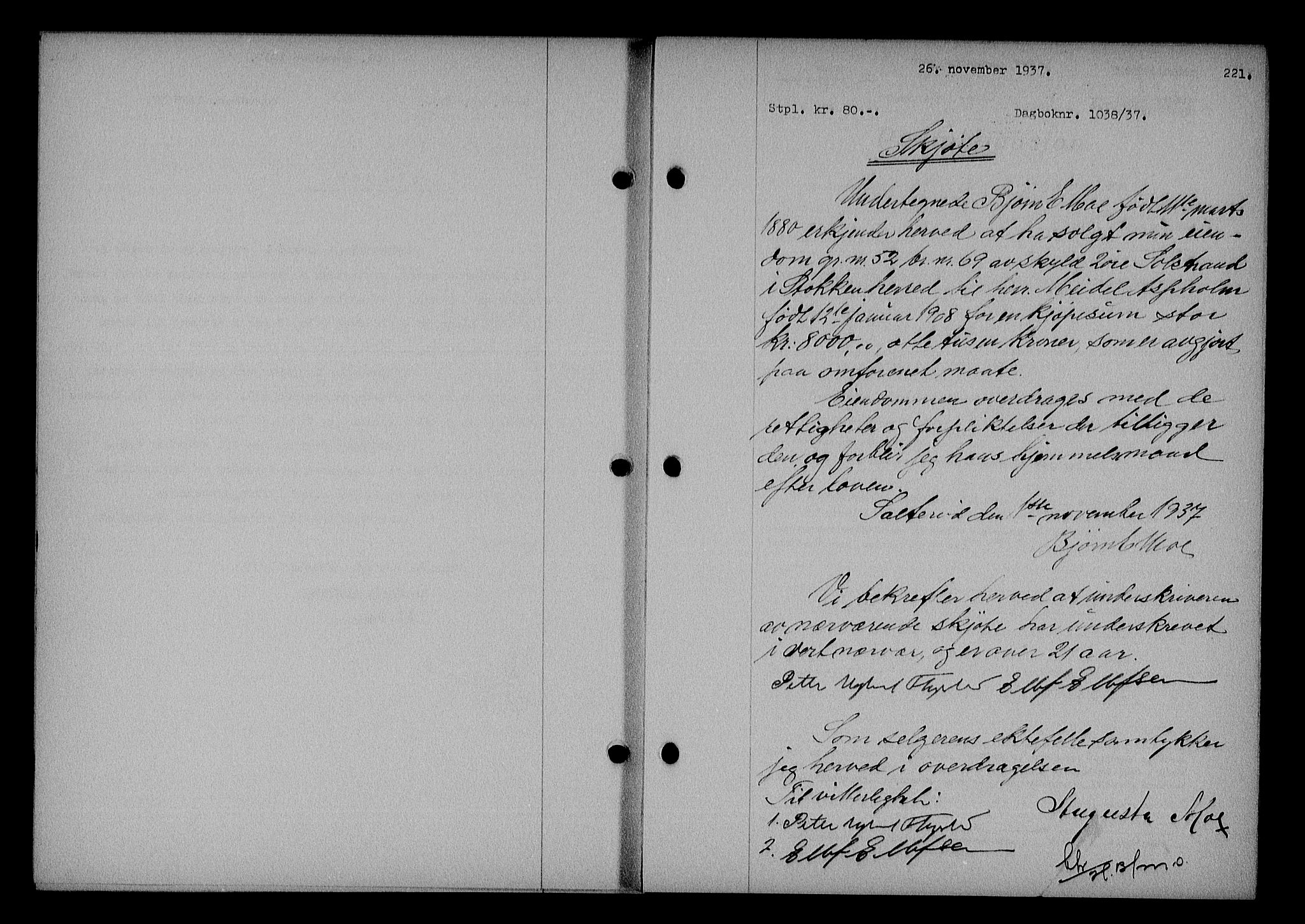 Nedenes sorenskriveri, SAK/1221-0006/G/Gb/Gba/L0044: Mortgage book no. 40, 1937-1938, Diary no: : 1038/1937