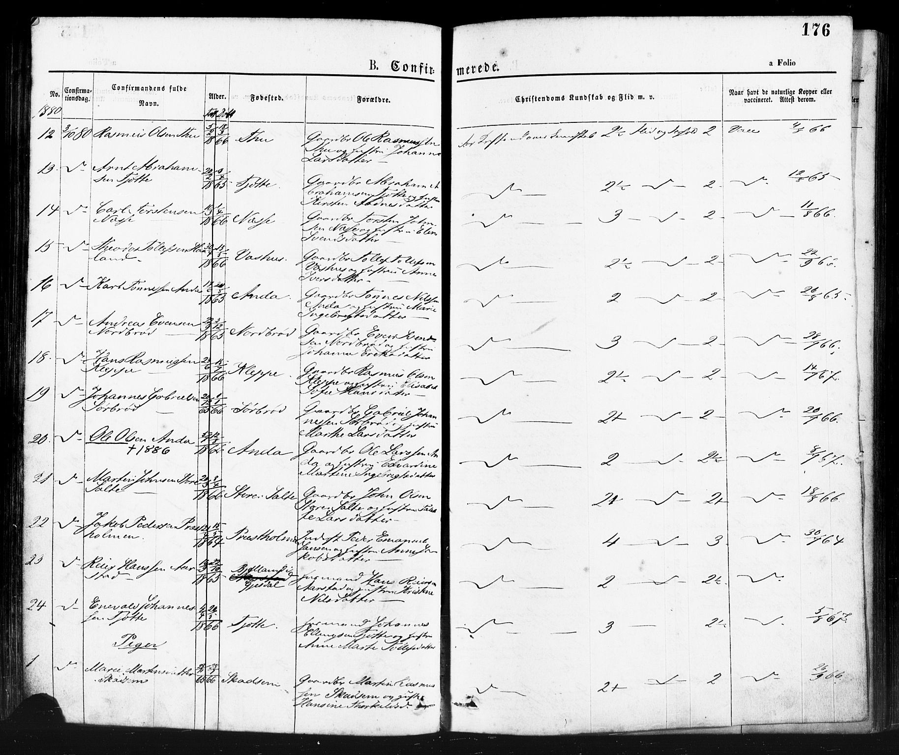 Klepp sokneprestkontor, AV/SAST-A-101803/001/3/30BA/L0006: Parish register (official) no. A 6, 1871-1885, p. 176