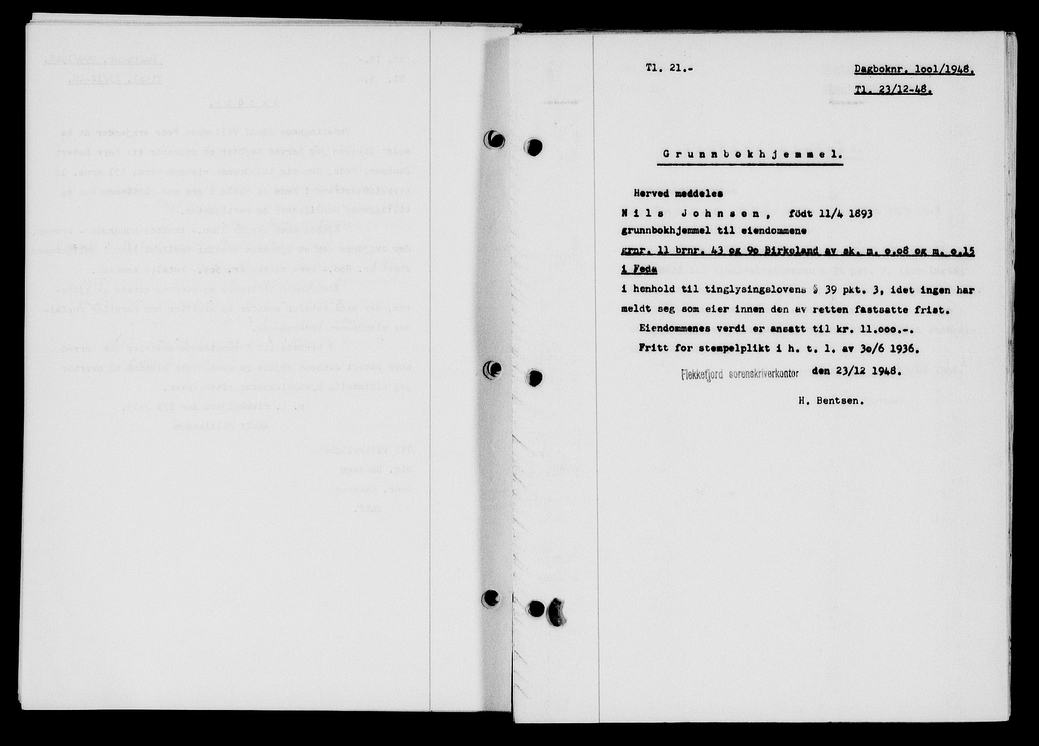 Flekkefjord sorenskriveri, SAK/1221-0001/G/Gb/Gba/L0064: Mortgage book no. A-12, 1948-1949, Diary no: : 1001/1948