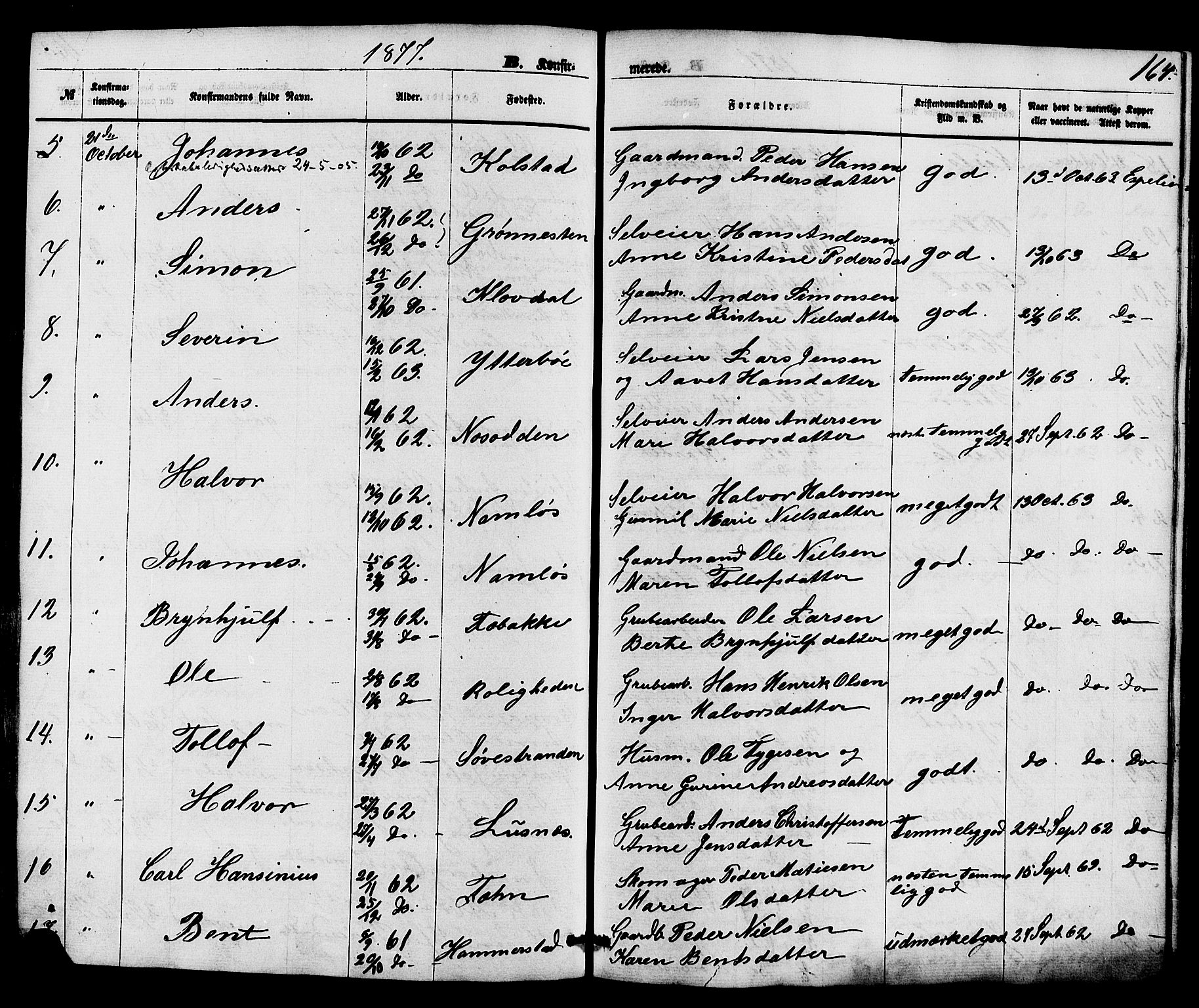 Holla kirkebøker, AV/SAKO-A-272/F/Fa/L0007: Parish register (official) no. 7, 1869-1881, p. 164