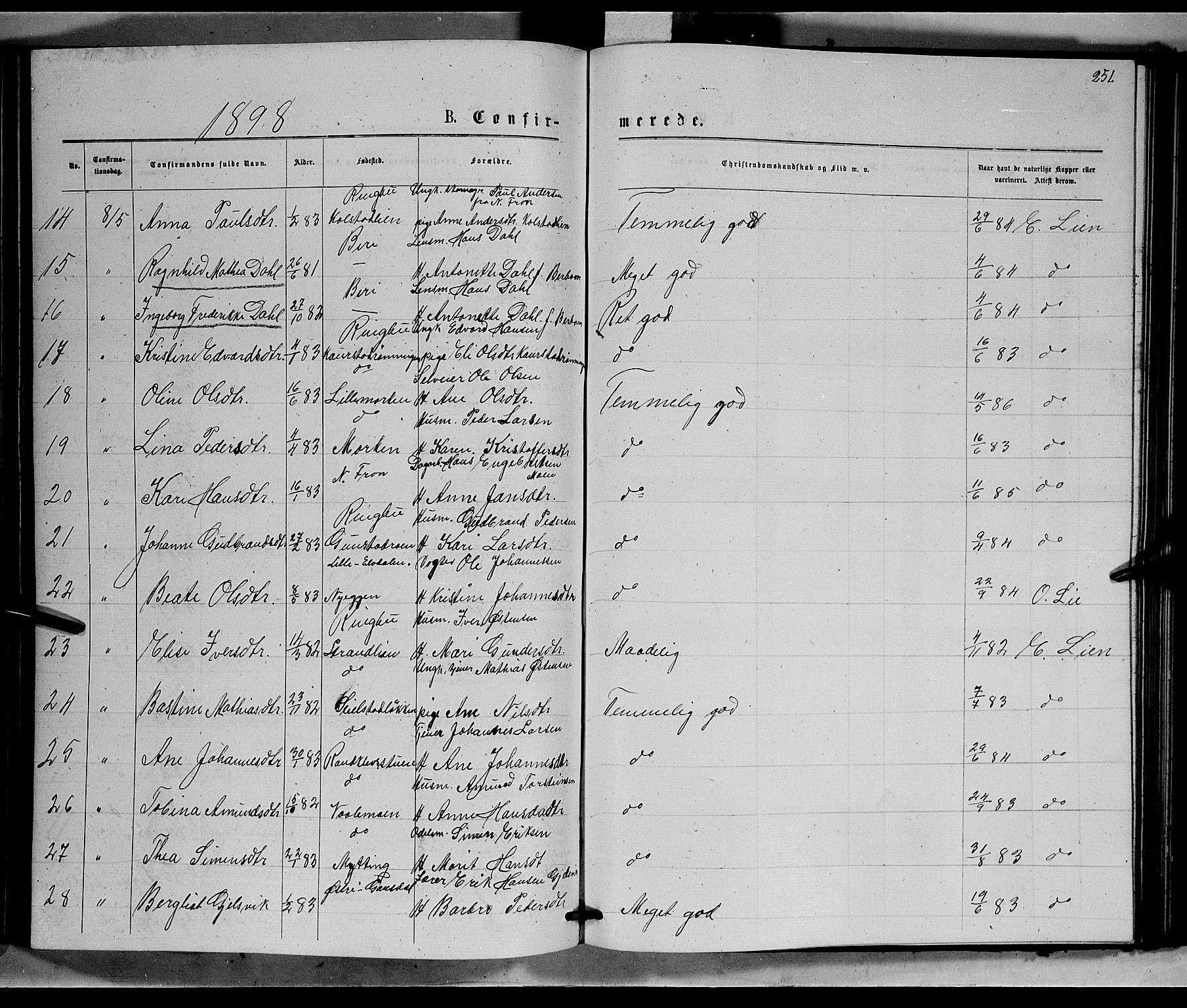 Ringebu prestekontor, SAH/PREST-082/H/Ha/Hab/L0006: Parish register (copy) no. 6, 1880-1898, p. 251